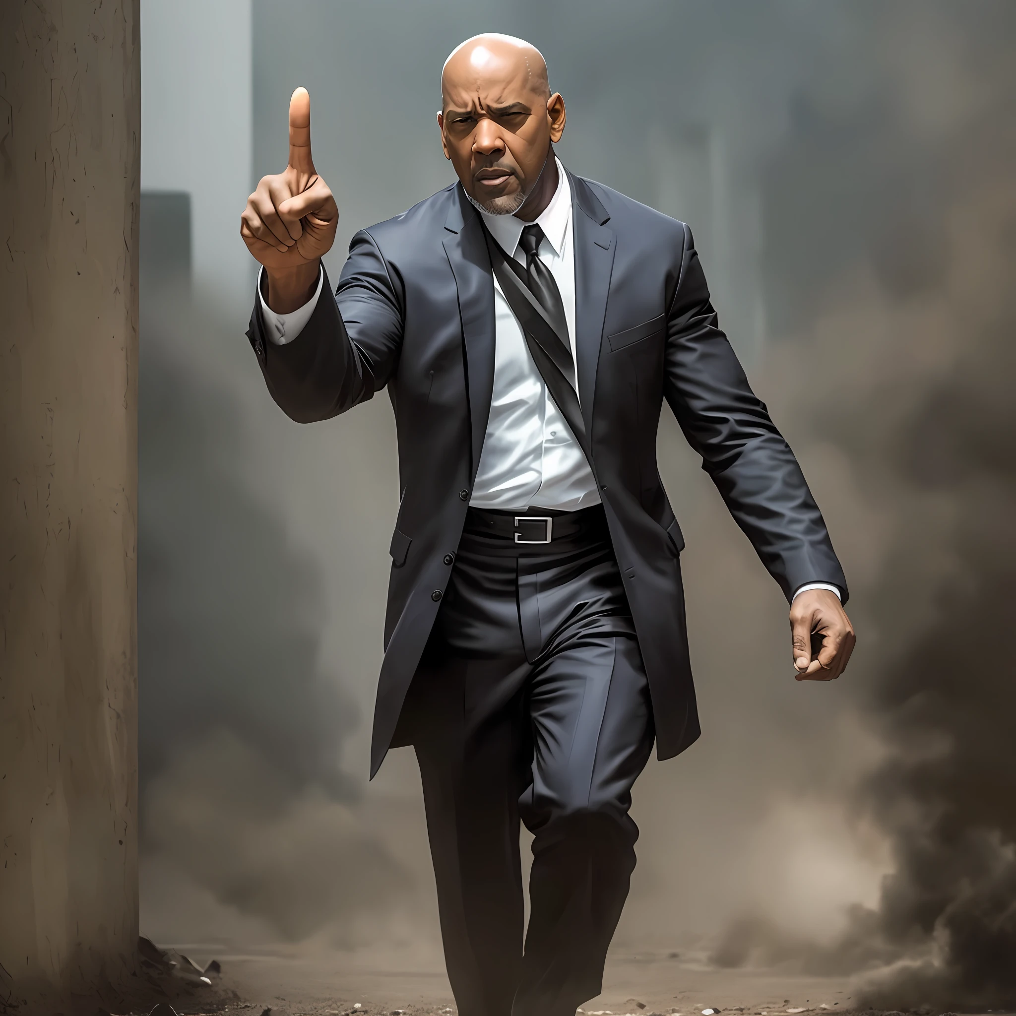 photo of Denzel washington, bald, with angry expression, angry, pointing finger at someone, full body. --auto --s2