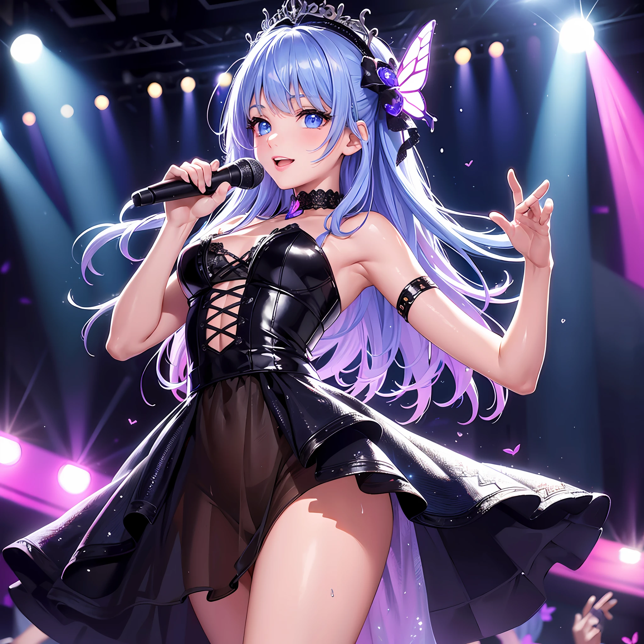 Illustration, cinematic light, high resolution, best quality, super detailed, detailed face, (detailed eyes), highest quality, super detail, masterpiece, (detailed face), pretty face, best smile, sexy mature woman transparent (goth loli costume: 1.5), cloth, choker, open cloth, NSFW, high heels, blue eyes, neon small shining hair edges, AI fantasy concert, Shining lighting, idol, with neon details, (live stage: 1.15), (singing holding the microphone in left hand: 15), (crowded audience in the background), light reflection, heart-shaped iris, playful eyes, open shoulders, (wet body), small glowing butterfly, hair jewelry