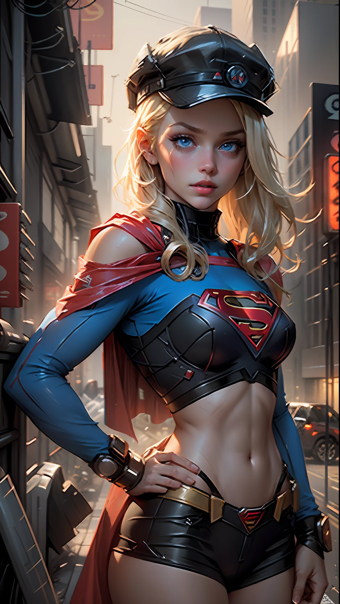 Beautiful supergirl medium blonde hair, wearing a cap, cyberpunk style short clothes, with superman's S symbol on her chest, blue eyes.