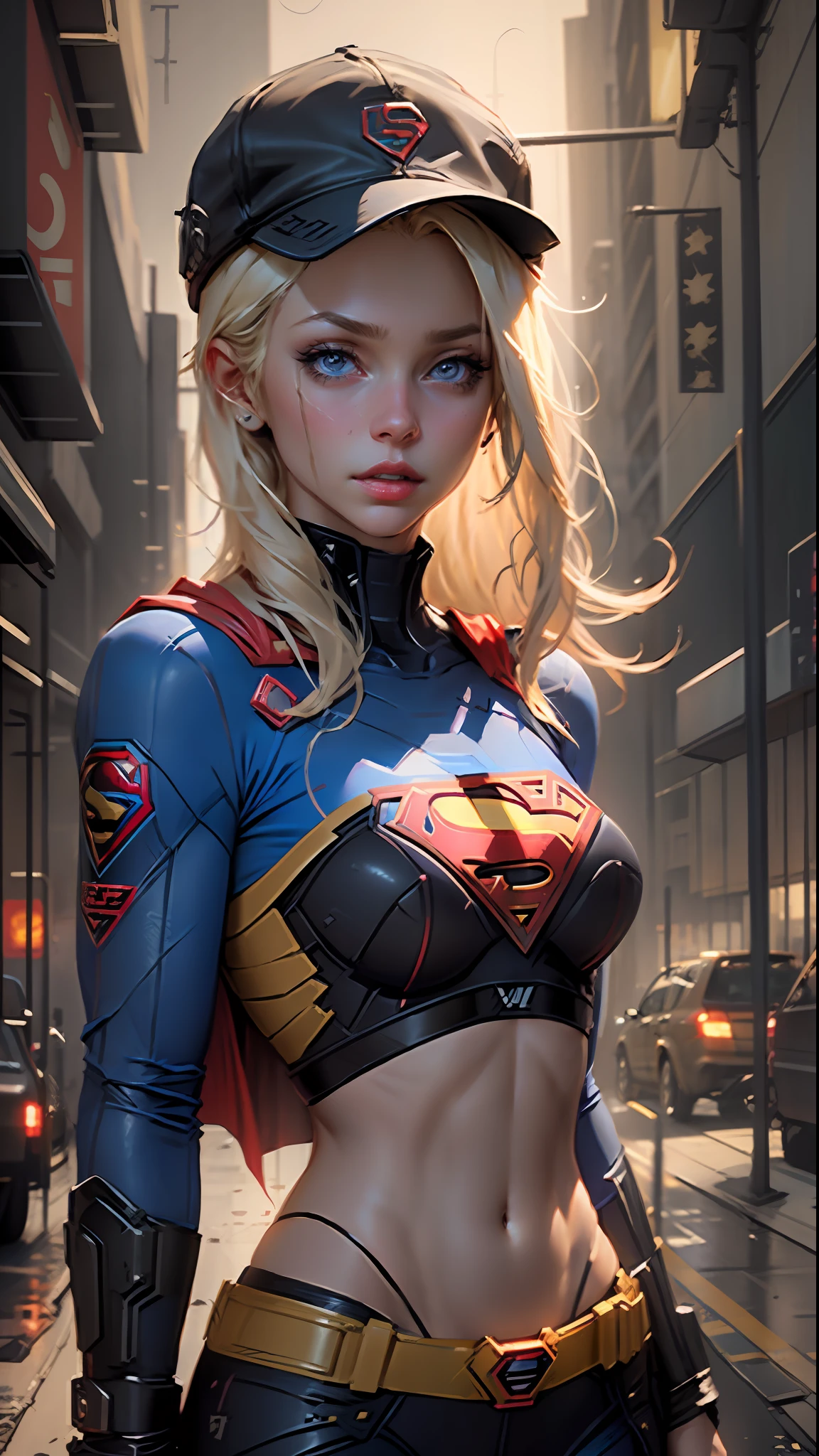 Beautiful supergirl medium blonde hair, wearing a cap, cyberpunk style short clothes, with superman's S symbol on her chest, blue eyes.