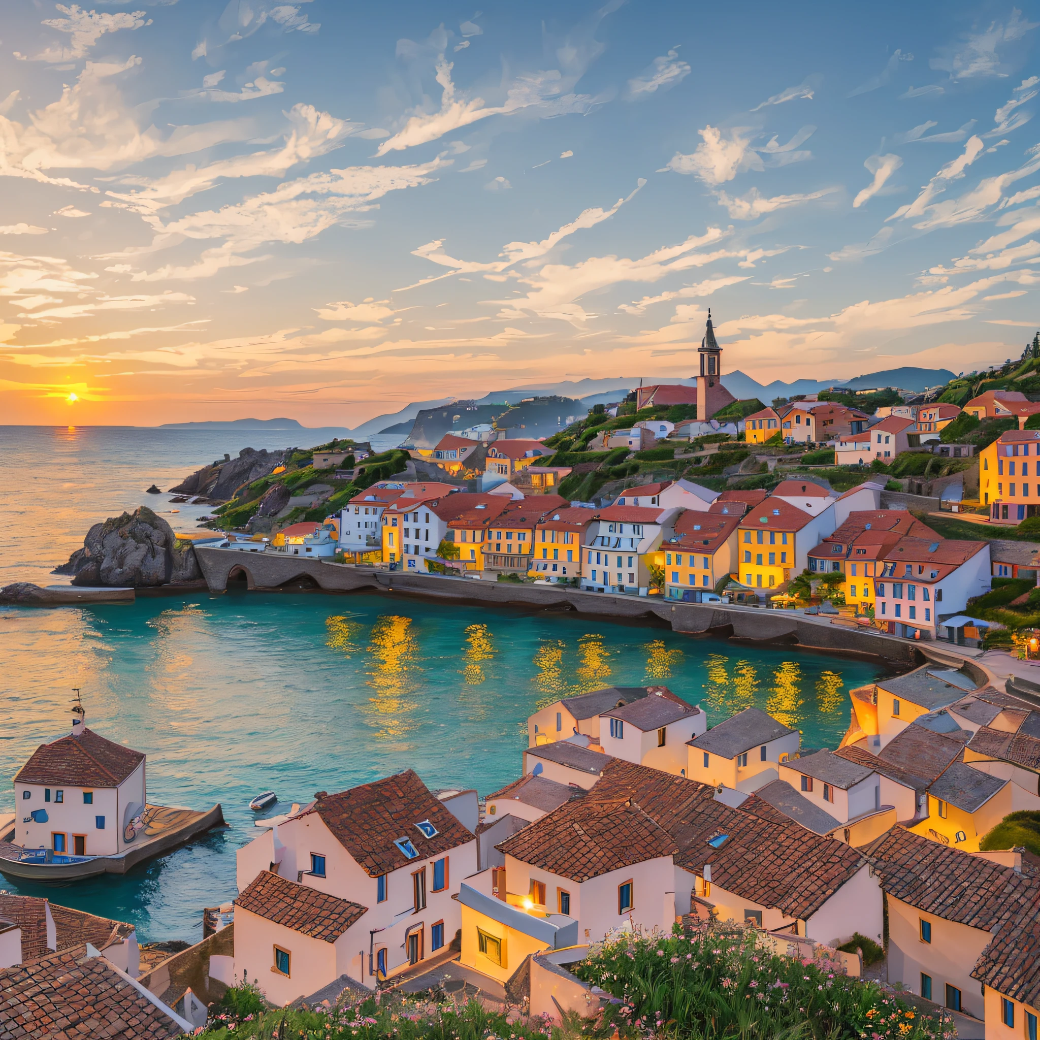 (Perfect picture + best image quality + clear details), European town photography style, seascape photography, cliff town, distant mountains, the sun has set, a dazzling light in the twilight, comfortable light and shadow, quiet and beautiful. --auto --s2