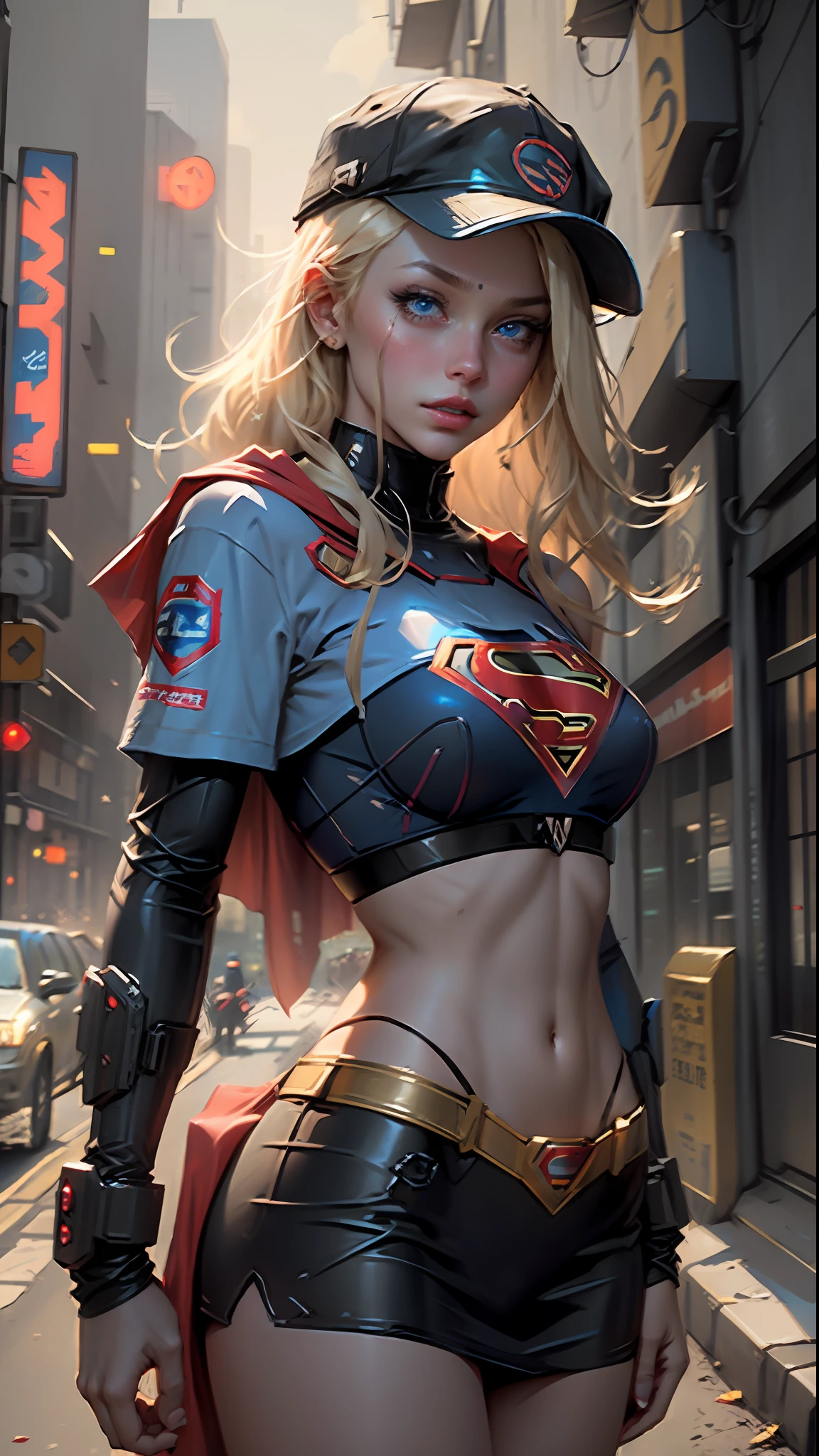 Beautiful supergirl medium blonde hair, wearing a cap, cyberpunk style short clothes, with superman's S symbol on her chest, blue eyes.