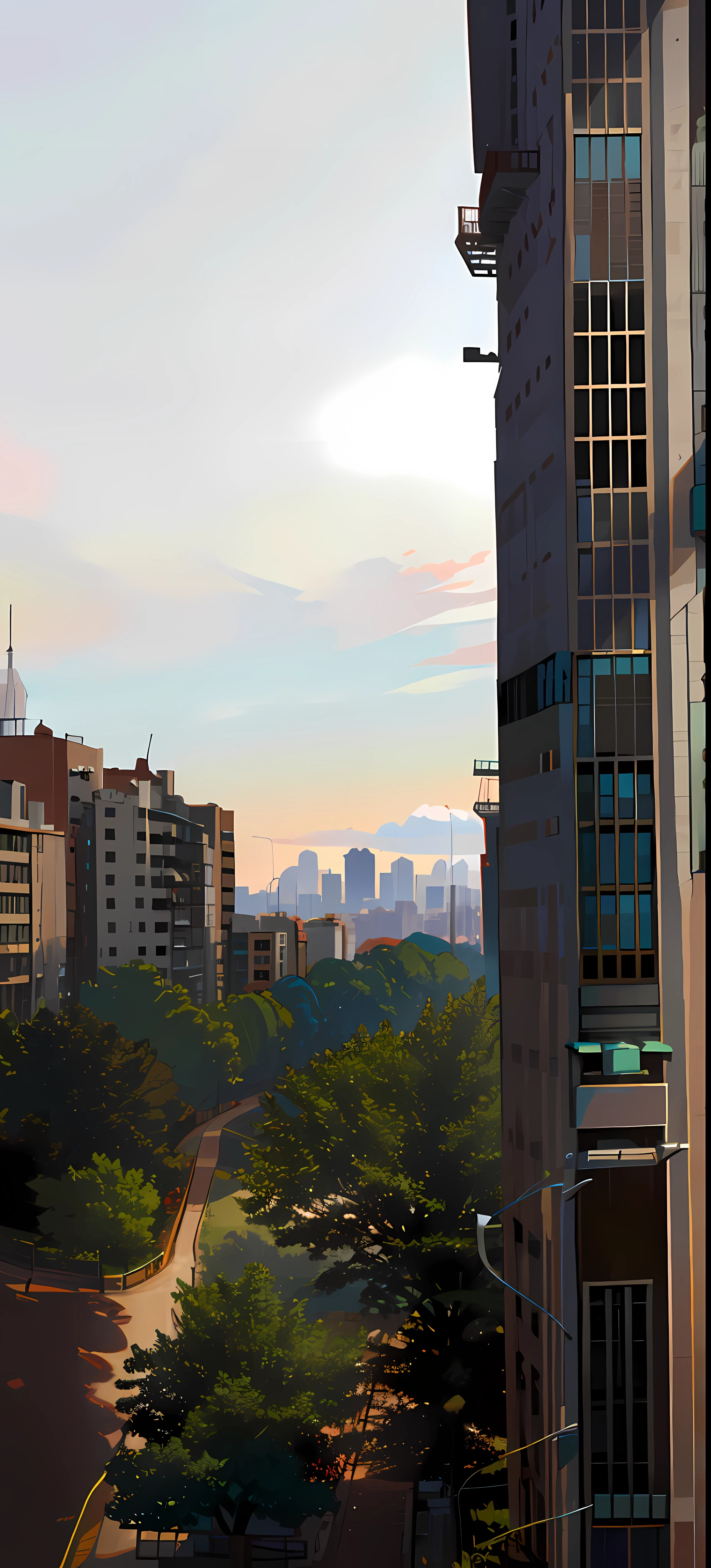 The city can be seen from a high-rise building, the morning sun, the cityscape in the distance, the buildings in the distance, the skyscrapers in the distance, the view in the distance, the buildings in the distance, the skyline in the distance, from the distance, from behind, 8 K.