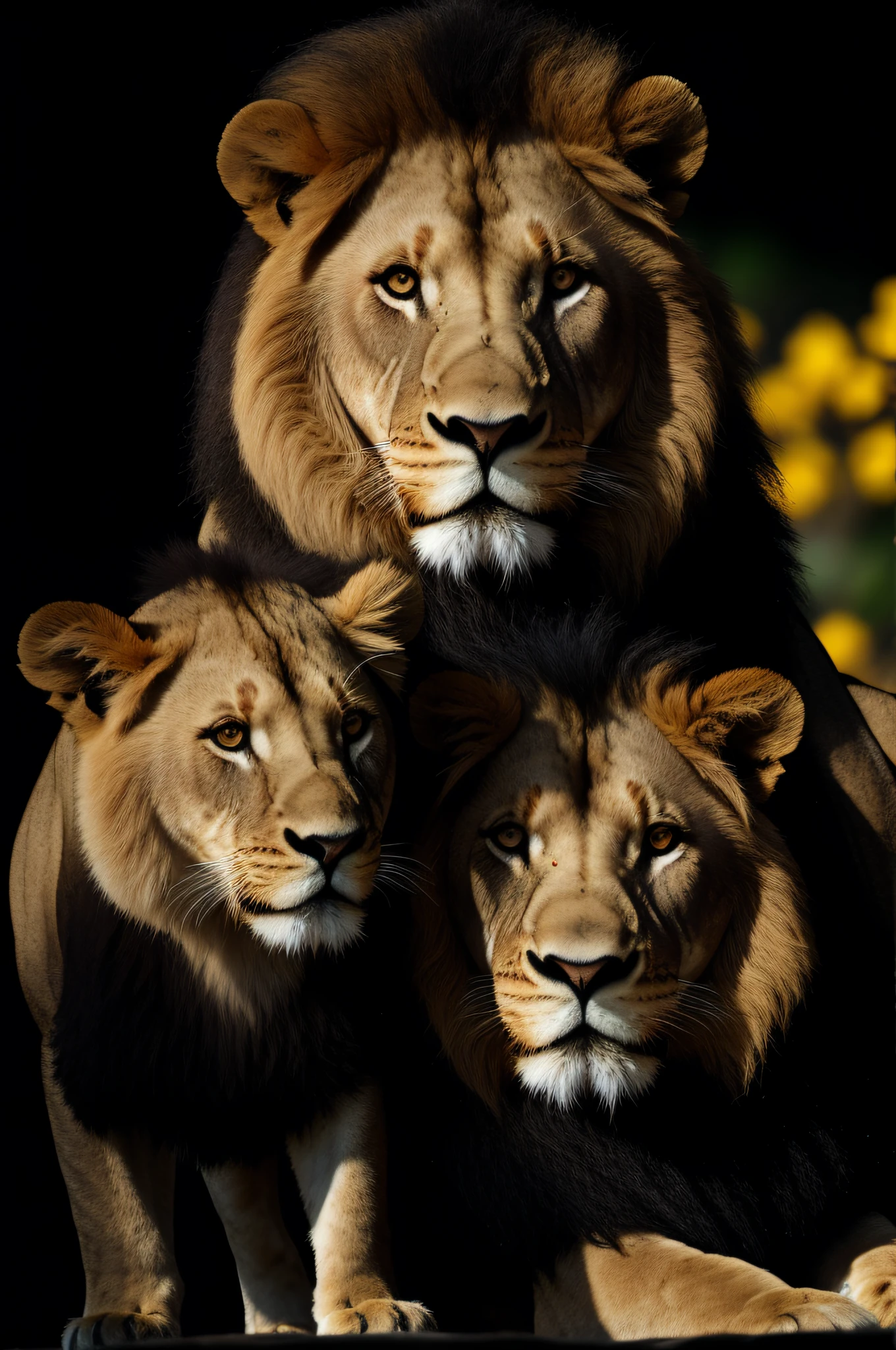 Imposing Lion with a cub in front of him looking eye to eye, backlit, dark background, dark theme, with a beautiful golden gold flower