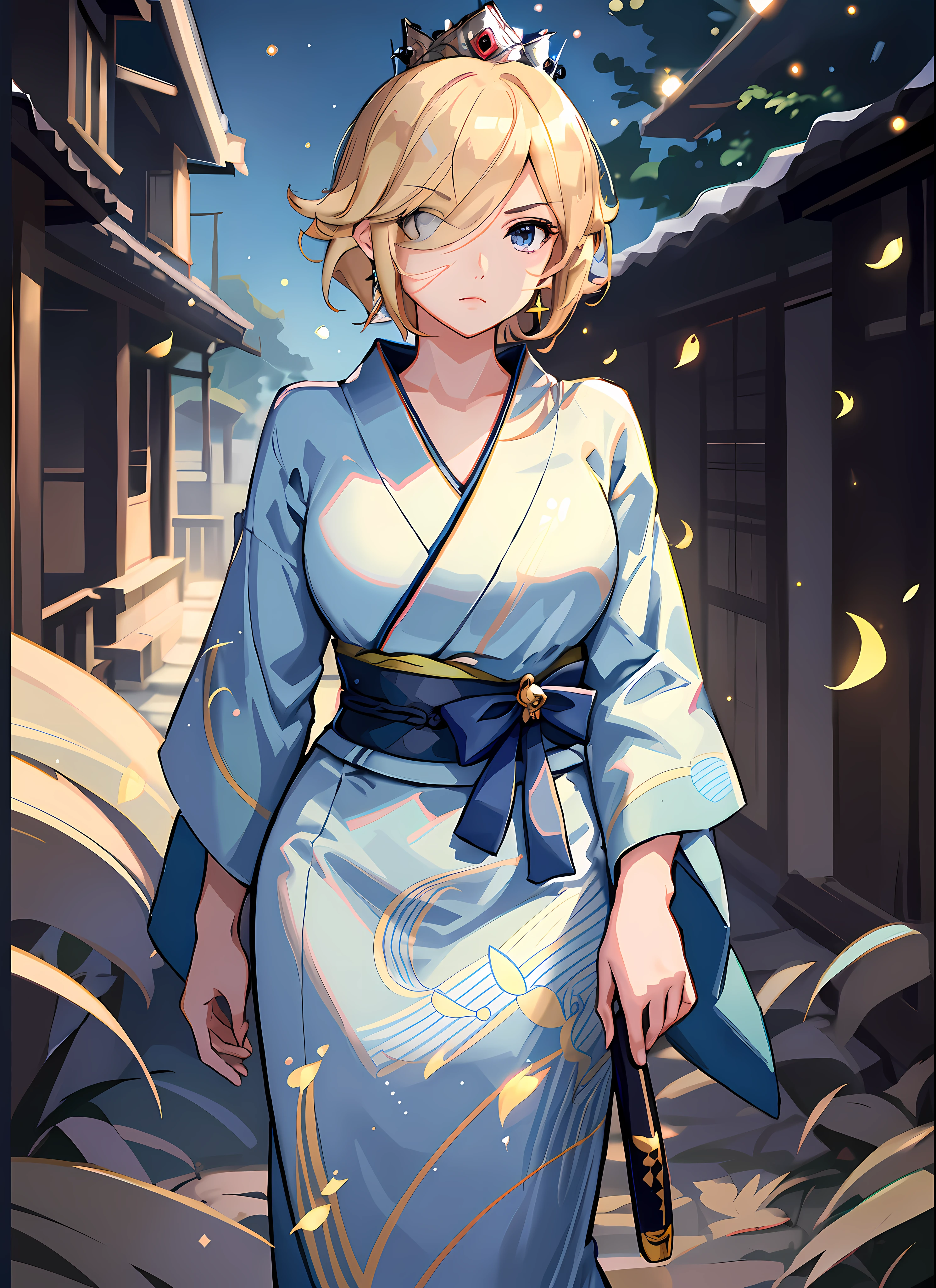 Cream-colored hair, mean, scowl, short hair, blue eyes, wearing a kimono, holding a sheathed katana, kimono, five fingers, Rosalina, solo, 1girl, highres, cream hair, hair covering one eye, crown, full body, flats, looking at the viewer, night time, night, moon, glowing orbs, fireflies, angry eyebrows, 1girl, cream hair, rosalina, short hair, hair covering one eye, blue uniform, long legs, tall, standing, outdoors, looking at viewer:2.0, smug, mischief, large breasts, blue uniform, necklace, detailed eyes, anime eyes, detailed face, high resolution, realistic, detailed, anime screencap, masterpiece, best quality, princess, highres, absurdres, DSLR, 8K, Ultra HD, Anime Video, smug, intense gaze