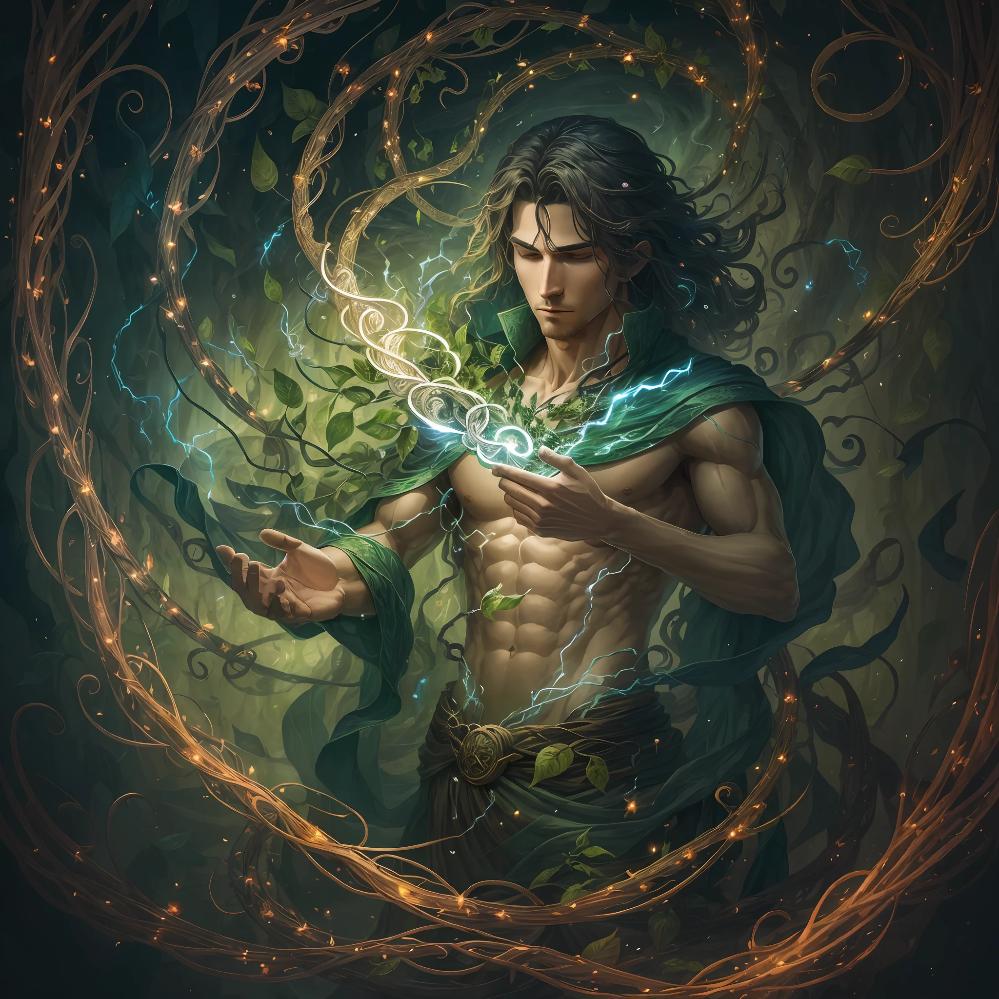 Design an image of a mystical wizard harnessing the forces of nature, with vines and leaves intertwining around his body as he commands the wind to swirl around him