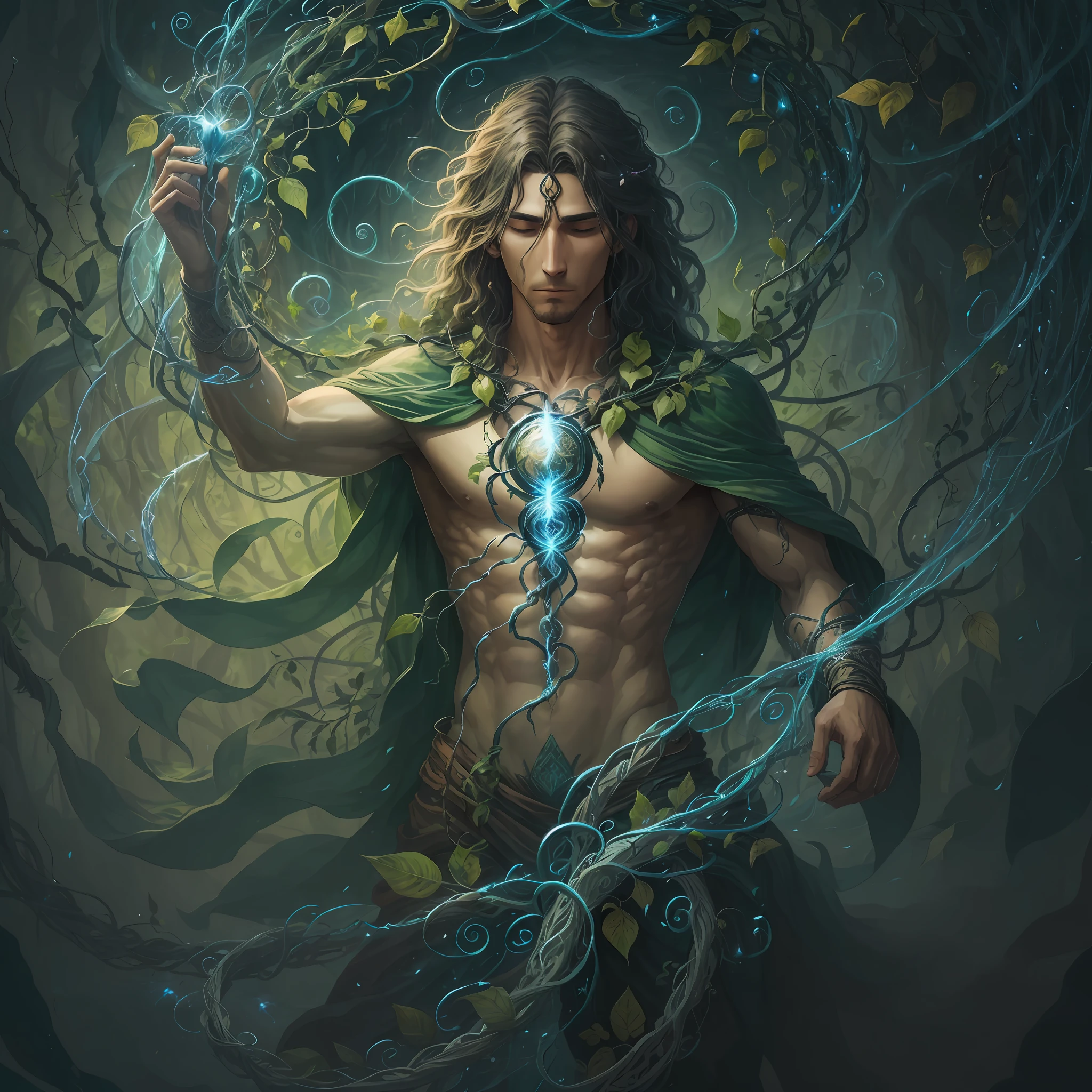 Design an image of a mystical wizard harnessing the forces of nature, with vines and leaves intertwining around his body as he commands the wind to swirl around him
