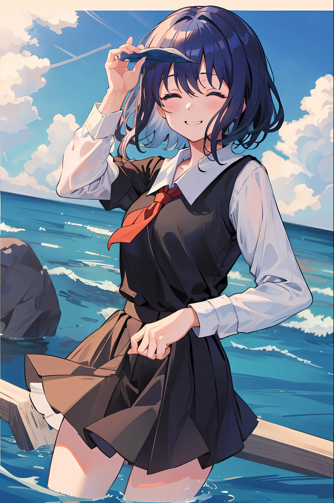 Masterpiece, Best Quality, Hi-Res, 1 Girl, Solo, Big, Dark Blue Hair, Short Hair, Dark Blue Eyes, Bangs, Hair Between Eyes, Long Sleeves, Tie, School Uniform, Pleated Skirt, Juliet Sleeves, Black Thighs, White Shirt, Cowboy Shot, (Skirt Lift: 1.3), In the sea, looking at the sky, clouds, sweat, viewer,smile, close eyes