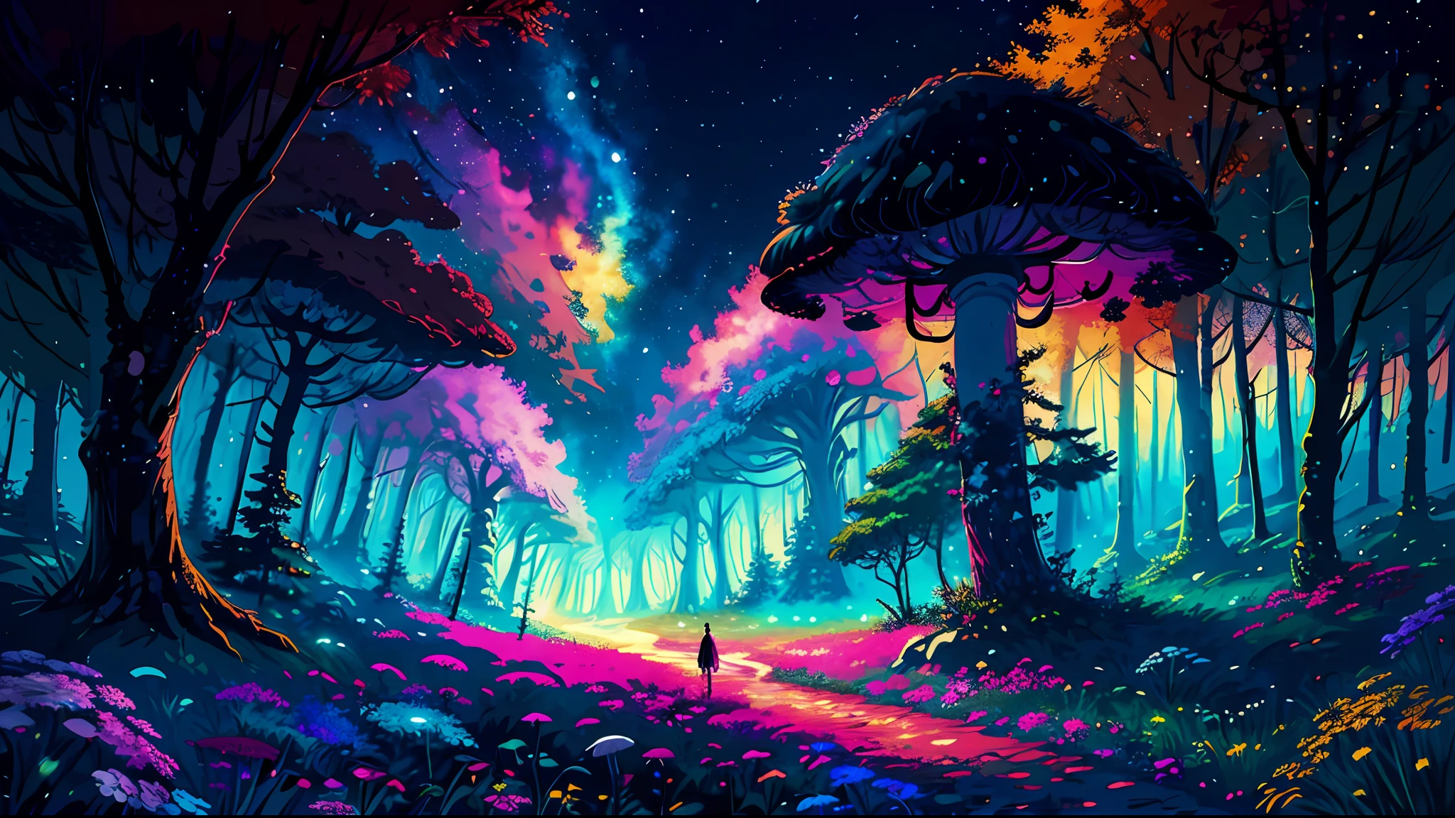 Illustration, cartoon, soothing tones, calming colors, (anime), dream forest, mushroom forest, colorful, (illustration), cartoon, detailed, masterpiece, beautiful landscape, path, night, nebula, starry sky, 8k, best quality, dark shot, detailed