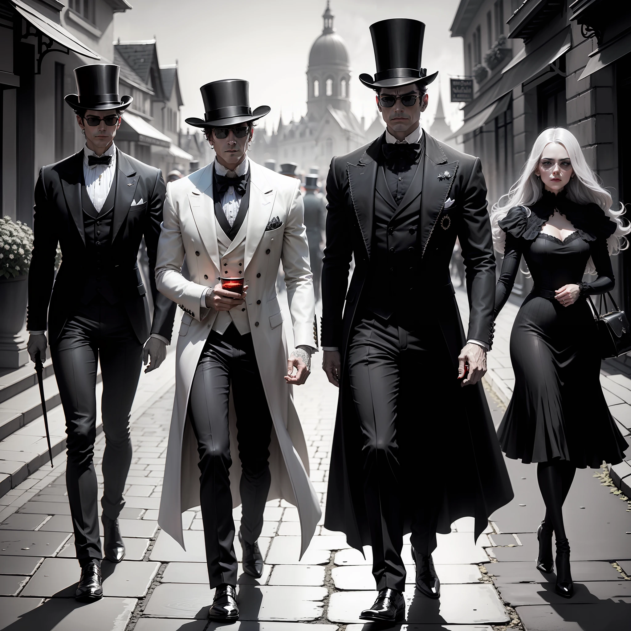 /imagine prompt: Lord walking the streets of night France in 1800, top hat, gothic style, red sunglasses, :: etching::1 moonlight::1.3 grayscale color::1.7 --v 4 --quality 2 --seed 46438940