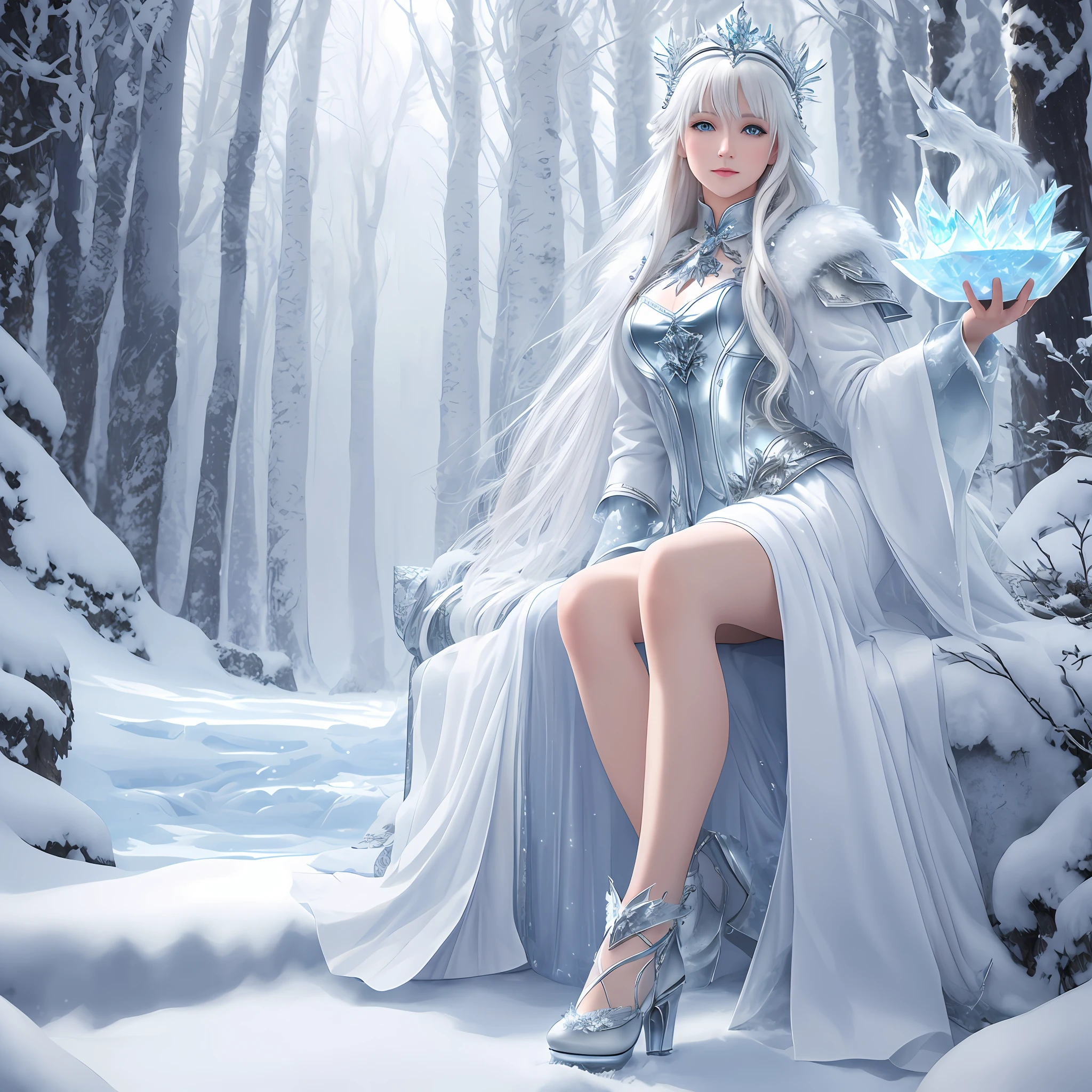 (Masterpiece) 8K resolution, Snow Queen, Beautiful girl with ice flowers, silver wolf at her feet, platinum blonde straight long hair, hazel eyes, ice blue eyes, gentle smile, model style, fantasy style, silver wolf at her feet,