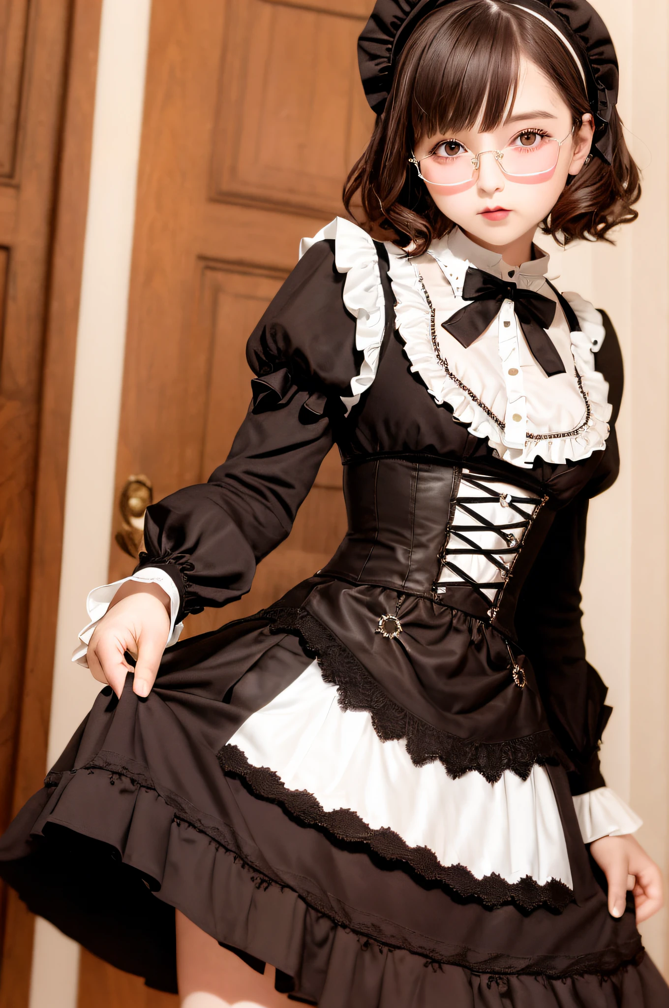 18-year-old female Lolita fashion, lolita fashion, overly glamorous, bulging skirt, girlish orientation, breast size D cup, Boston-style glasses, brown hair, bob hair, castle guest room