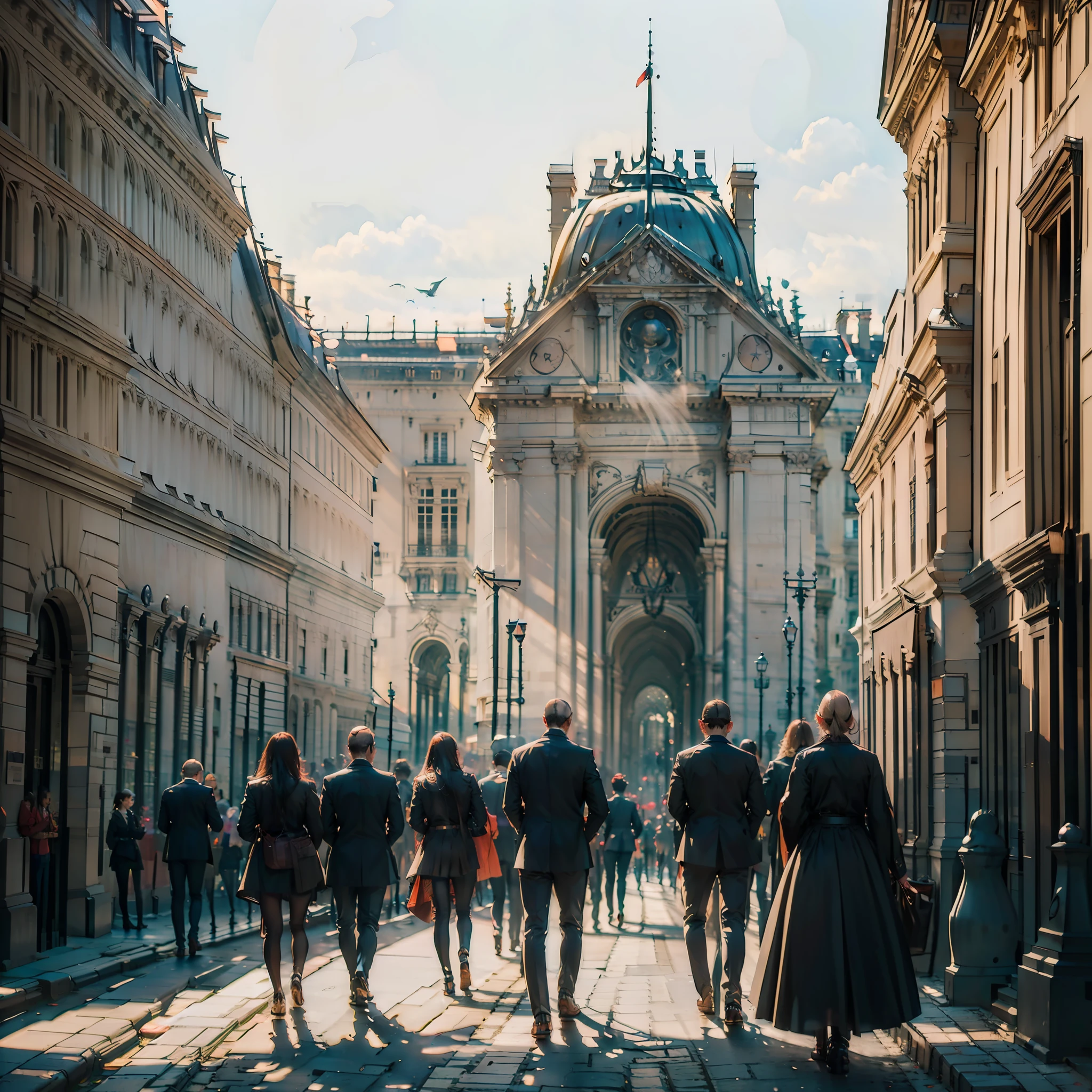 (Description: Beautiful Late Afternoon + at the Louvre in Paris, Sunset Street), (Paris style + French architecture), (High Quality + Best Lighting), (Beautiful Sunset) (blue / orange / red sky + birds), (Dynamic angles + continuous path), (Nostalgic + memory style + twilight), (main frame: street + building) +( empty streets, no people and no cars, just the beautiful architecture of Paris for contemplation)+(feeling of peace and tranquility).