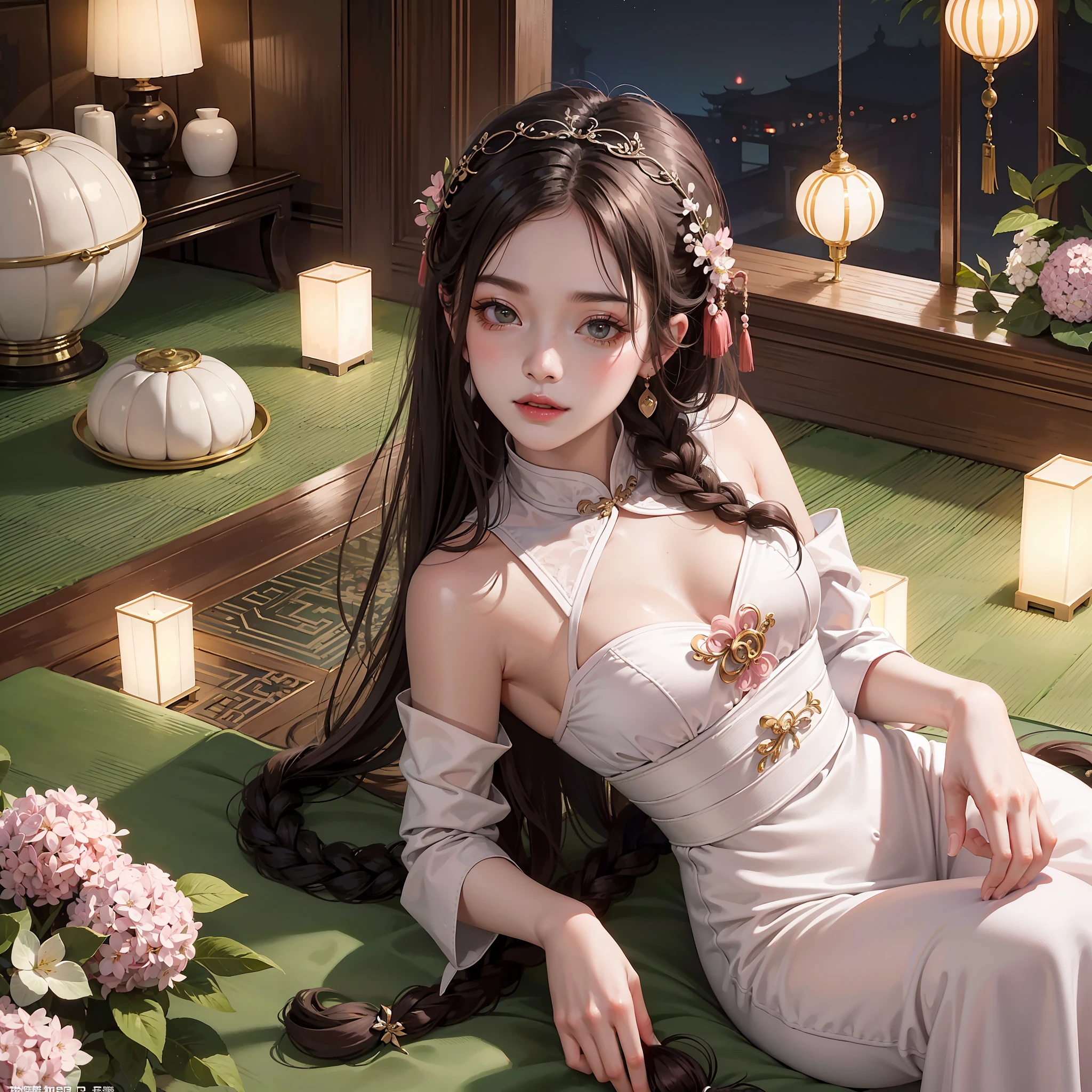 Masterpiece: The Best Night Full Moon 1 Female Mature Chinese Style Ancient Chinese Sister Royal Sister Smile Brown Hair Princess Cut Single Twist Braid Double Pill Head Light Pink Lips, Calm, Intellectual, Medium Hair, Green Eyes, Hairpin, Hydrangea,