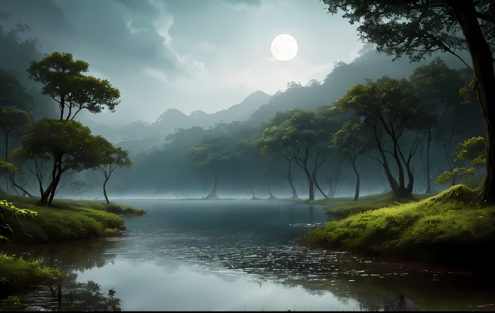 Low lighting, full moon night, dark image, calm and transparent lake, a jungle, sparse rain, monochrome, vines around, giant and wet trees, masterpiece, best quality, high quality, extremely detailed 8k CG unit wallpaper, oil painting, award-winning photography, Bokeh, Depth of Field, HDR, bloom, chromatic aberration, photorealistic, extremely detailed, trend in artstation, trend in CGsociety, intricate, high detail, dramatic, art in the middle of the journey, volumetric lighting