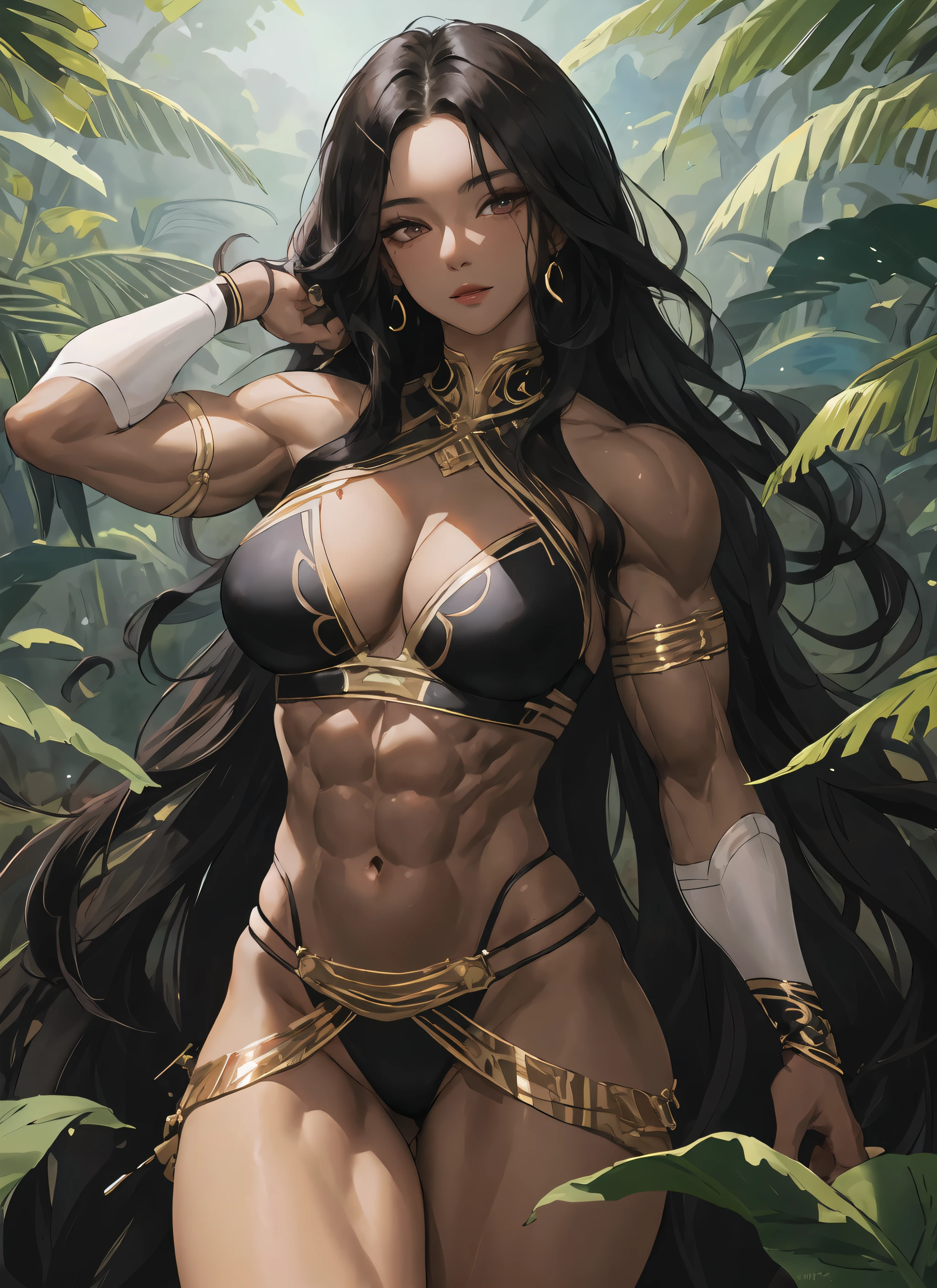 1girl, beautiful, perfect lighting, muscular, thighs, large breasts, mature female, milf, navel, abs, looking at viewer (masterpiece, high quality:1.1), black hair, very long hair, wavy, (very dark skin:1.2),jungle, amazonian,