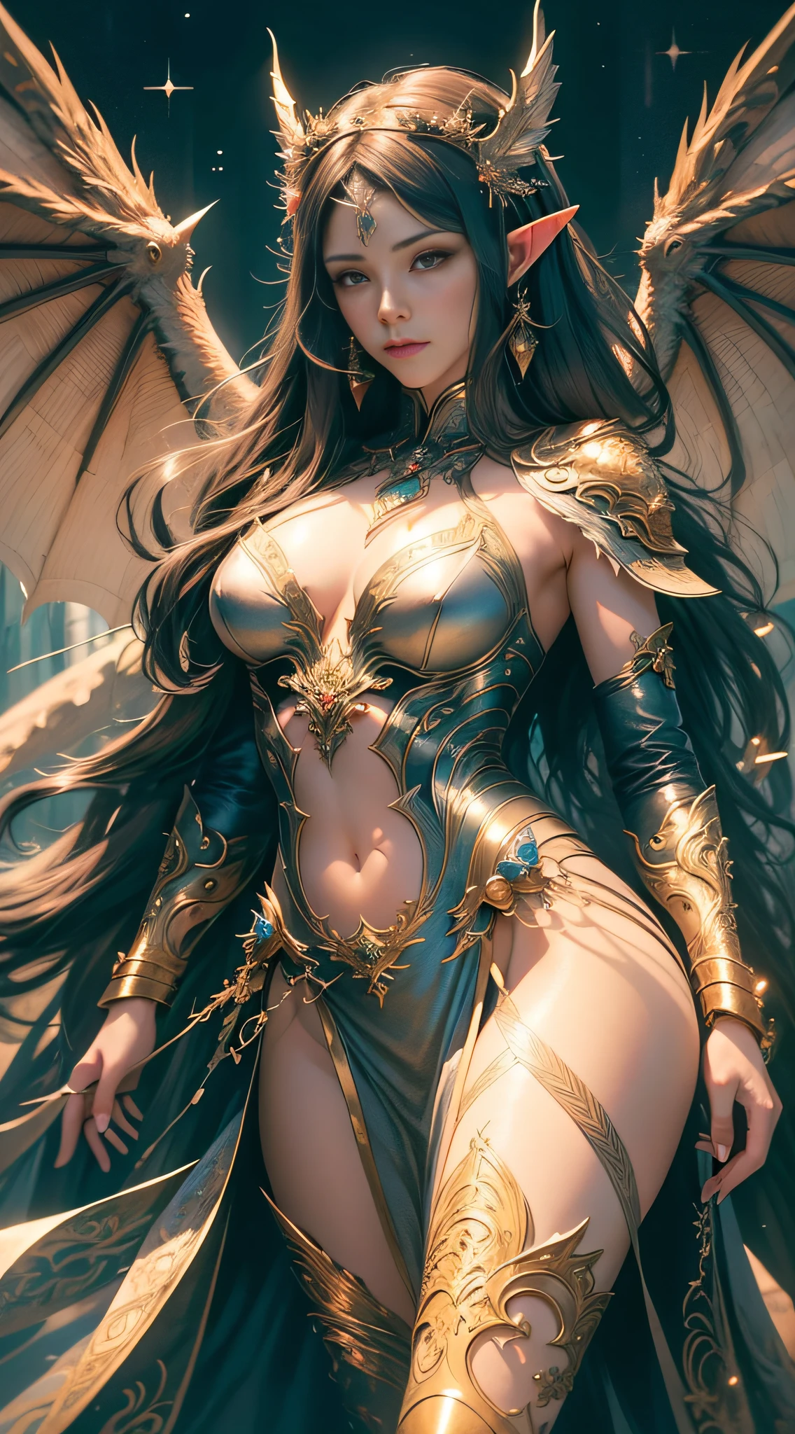 (best quality: 1.1), (masterpiece: 1.1), (Valencia: 1 girl girl), a masterpiece, bestquality, raw photo, realistic, FACE, incredibly ridiculous, beautiful girl, magic, long long hair, depth of vision, Highres, hyperdetailed, finely detailed, RAWExtremely detailed, extremely detailed eyes and face, sharp pupils, realistic pupils, sharp focus, cinematic lighting, detailed, perfect anatomy, a closeup of a woman with beautiful brown eyes face in a costume with a dragon on her shoulder, costume outfit, cinematic goddess body shot, majestic body full body angel, elegant cinematic pose, hyperdetailed full body shot, hyperdetailed fantasy character, full body image, like a mystical valkyrie, detailed whole body, beautiful and elegant elf queen, unreal motor render + a goddess, grumpy lighting, glow,  bright, mysterious, mystical, magical, rim lighting, vibrant, psychedelic, colorful, intricate, elegant, sharp focus, highly detailed, digital painting, conceptual art, matte, masterpiece, hyper detailed ultra sharp, vibrant aesthetic, blood wave, colorful, psychedelic, ornate, intricate, digital painting, conceptual art, smooth, sharp focus, illustration, beautiful female,