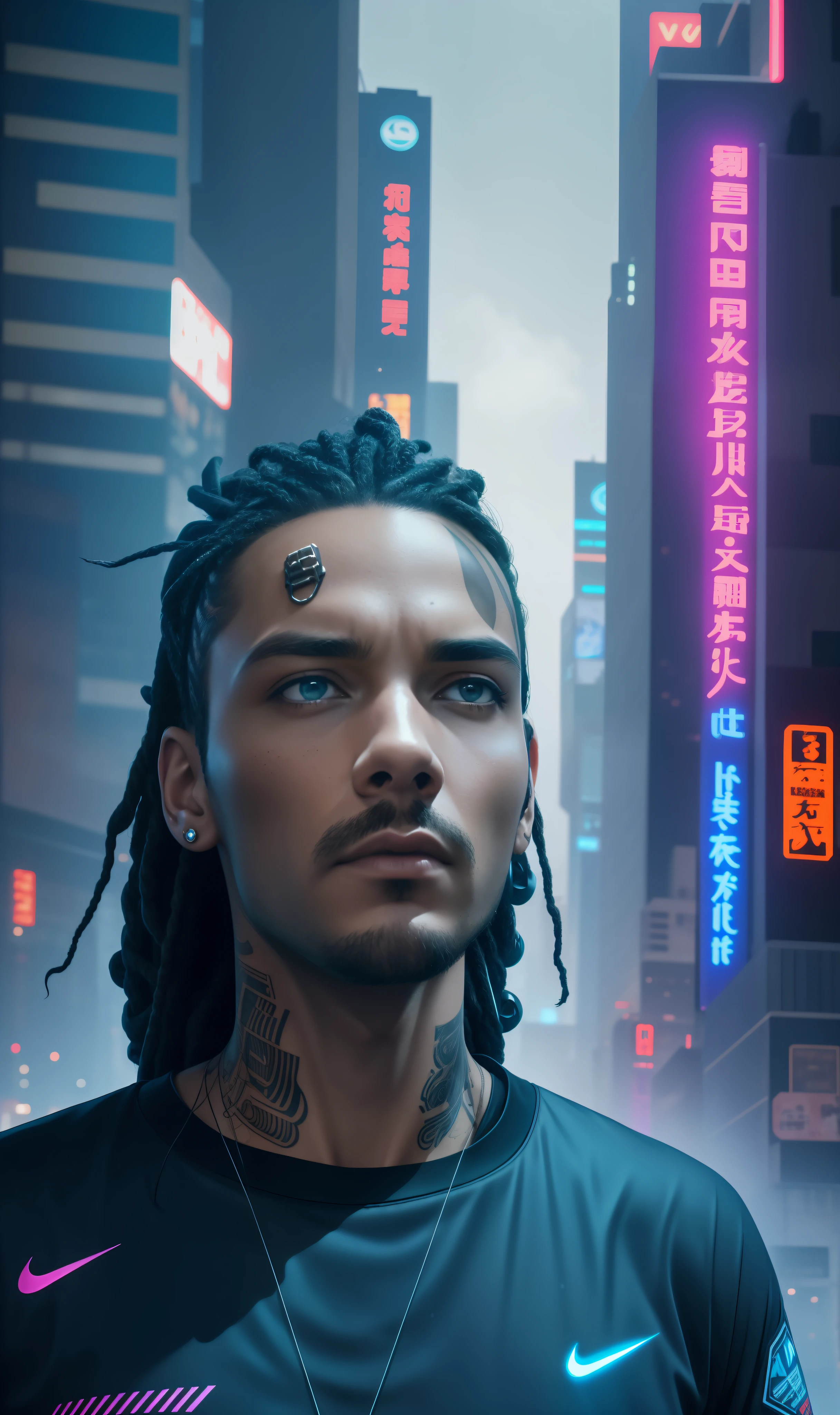 (8k, RAW photo, best quality, masterpiece: 1.2), (realistic, photorealistic: 1.37), (fisheye: 1.1),(panorama:1),(side:1.2), (outdoors, highway, night, cyberpunk, neon, fog, rain, tokyo, cyberpunk, reflection, river: 1.2), (skyscraper, cityscape: 1.4), (lookout: 1.3), (retrowave: 1.2), car, cyberpunk jedai v2, male, 27 years old, character, standing leaning against the car, Old School tattoos, black wide street wear jackets, cargo pants, nike boots, hard, resilient, determined, strong, fierce, loyal, skilled, belter, ingenious, hair dreads short tied dark, intense, piercing eyes, muscular, non-nonsense, pragmatic, tattoos Old School, worn, commanding, authoritative, intimidating, inflexible, confident, striking, intense, angular, expressive look, fierce look, seductive look, determined look, strong eyeliner, mesmerizing eyes, defined cheekbones, Jaw sculpted, elegant, graceful, natural beauty, magnetic, charismatic, versatile, photogenic, sci-fi, cinematic, cannon 6d, octane render