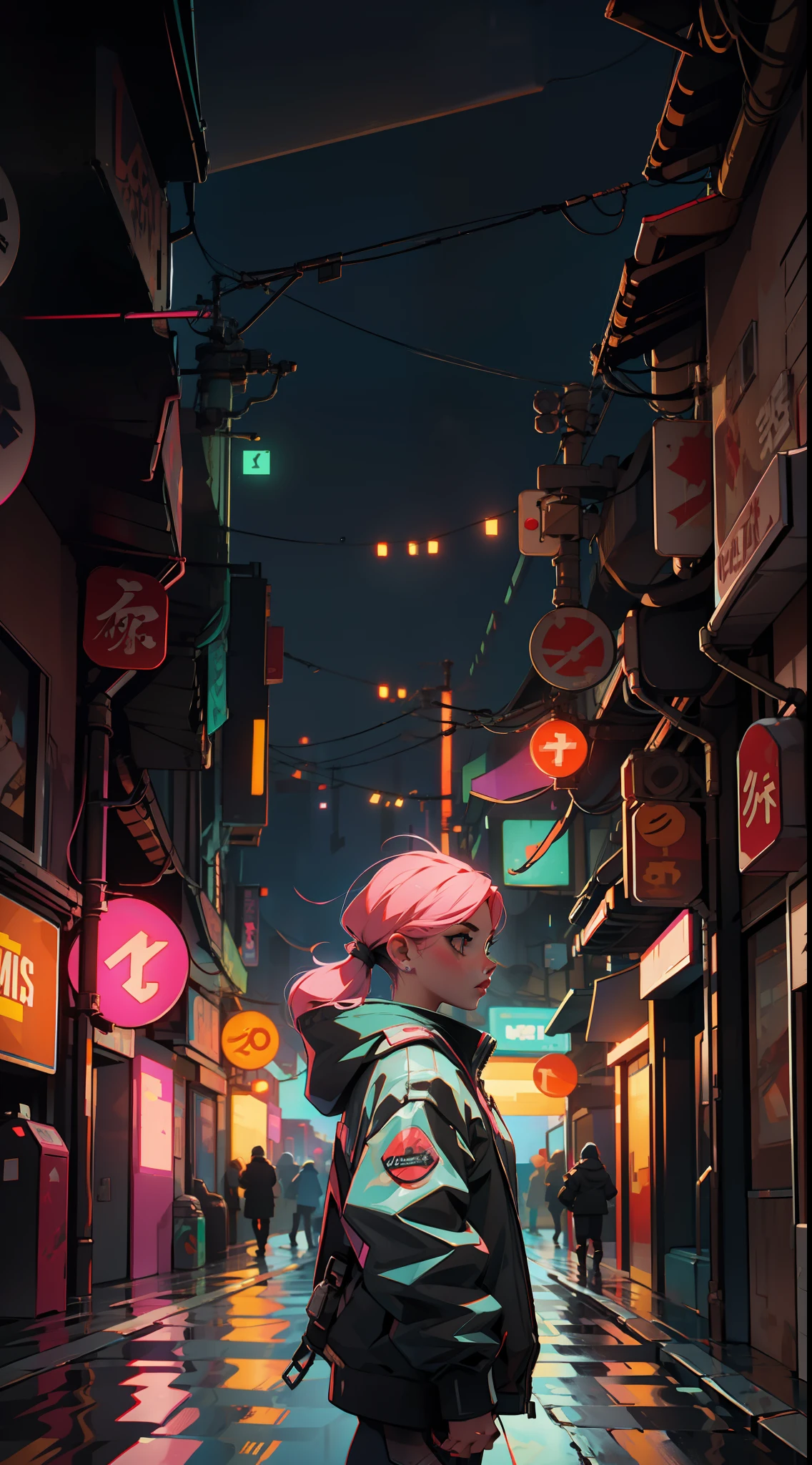 cyberpunk girl, cyberpunk street, rain, long shot, interlaced