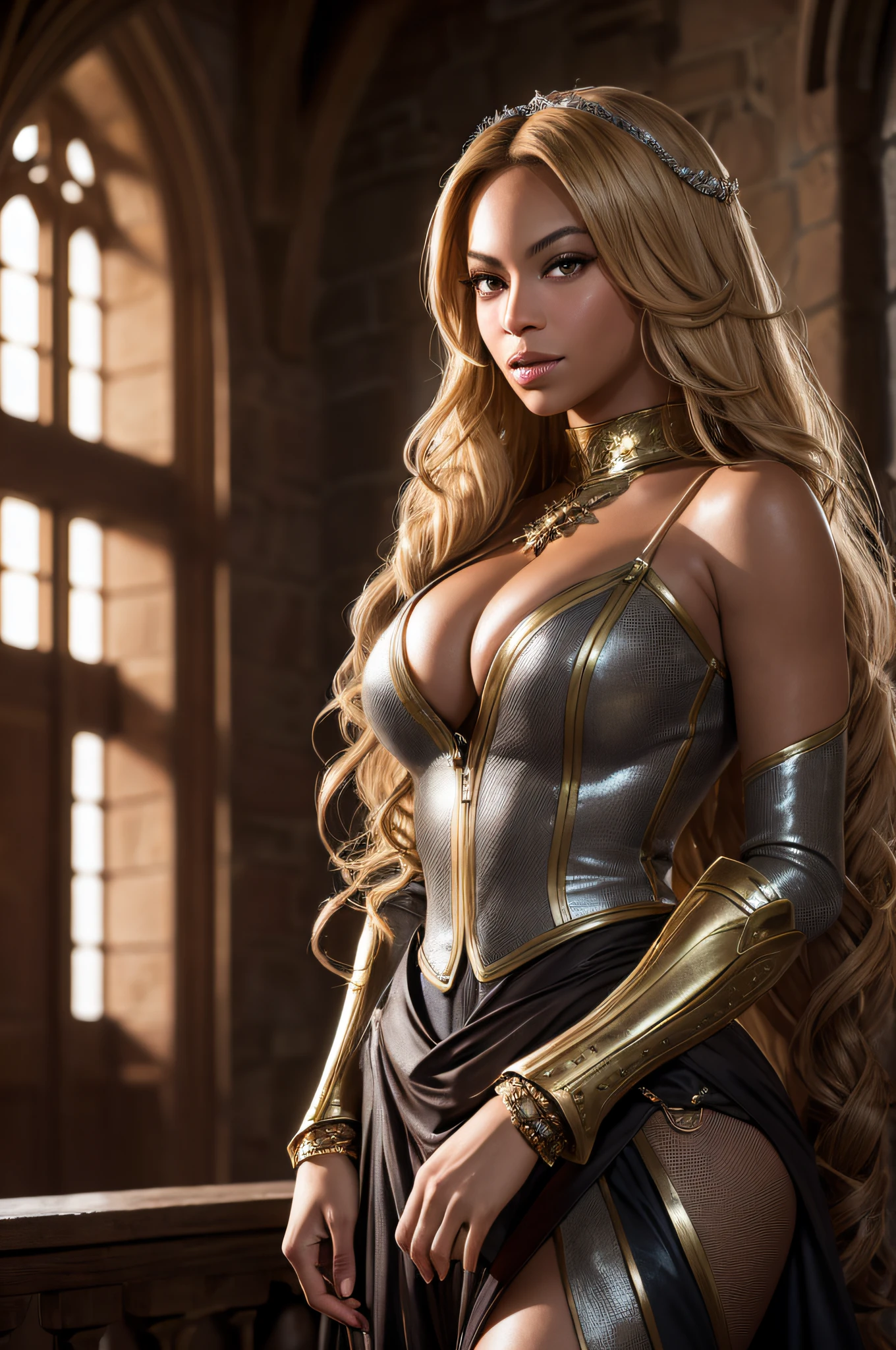 A beautiful pic of Beyoncé, long curled blonde/brown hair style, inside a beautiful Medieval castle. realistically, dynamic lights, old, gray stubble, full shoot, (extremely detailed CG unity 8k wallpaper), trending on ArtStation, trending on CGSociety, High Detail, Sharp focus, dramatic, photorealistic