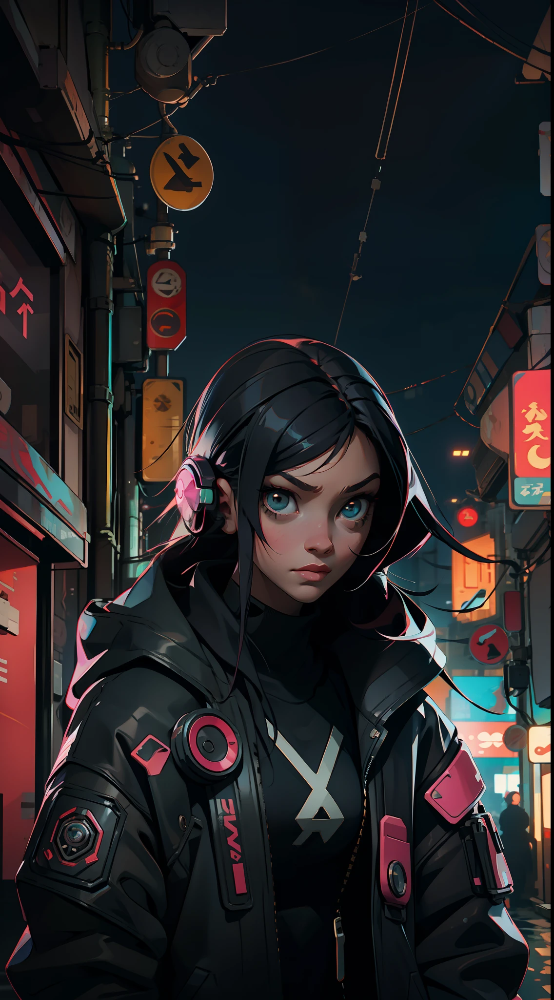 cyberpunk girl, cyberpunk street, rain, long shot, interlaced