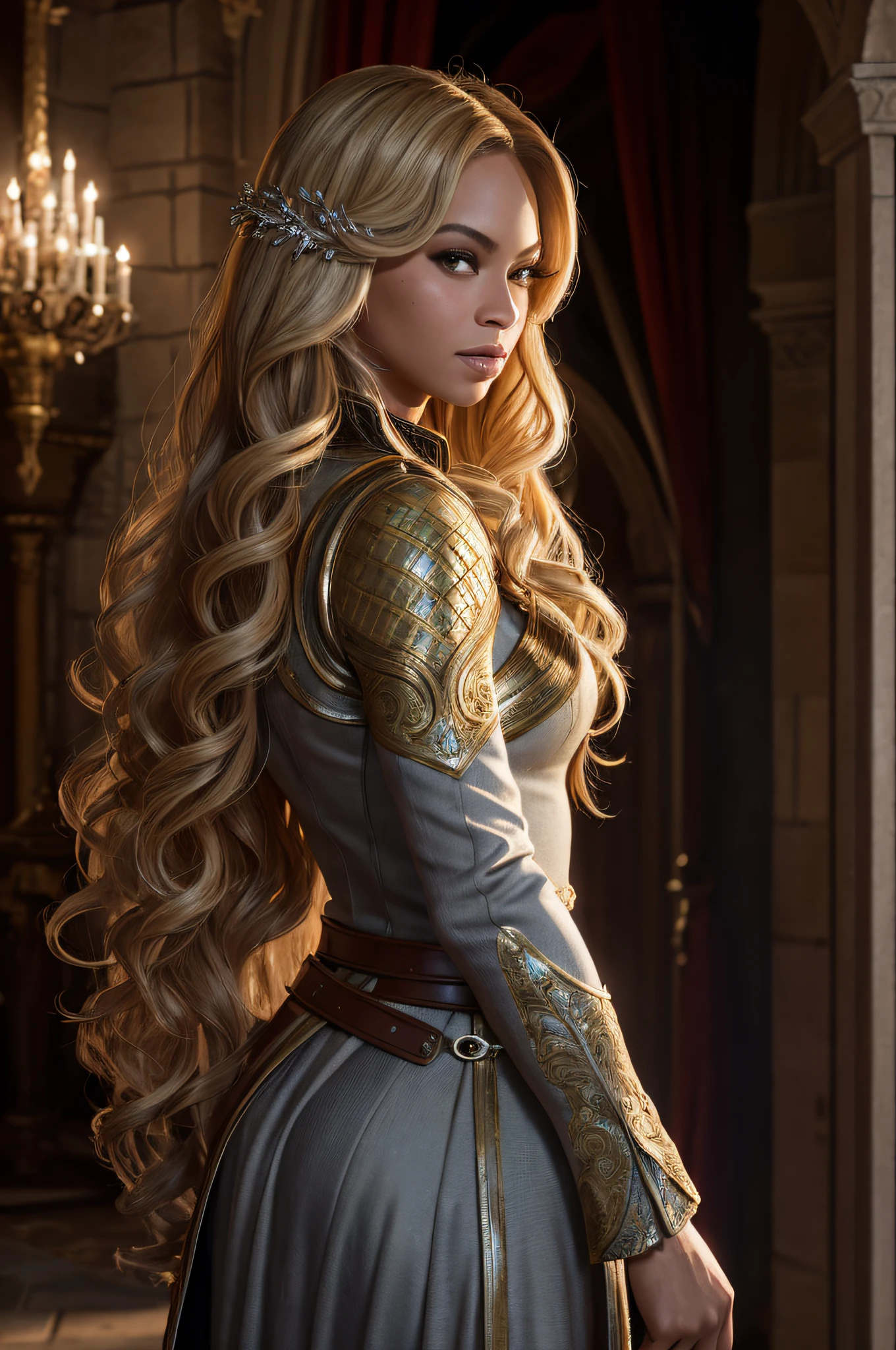 A beautiful pic of  Beyoncé, long curled blonde/brown hair style, inside a beautiful Medieval castle. realistically, dynamic lights, old, gray stubble, full shoot, (extremely detailed CG unity 8k wallpaper), trending on ArtStation, trending on CGSociety, High Detail, Sharp focus, dramatic, photorealistic