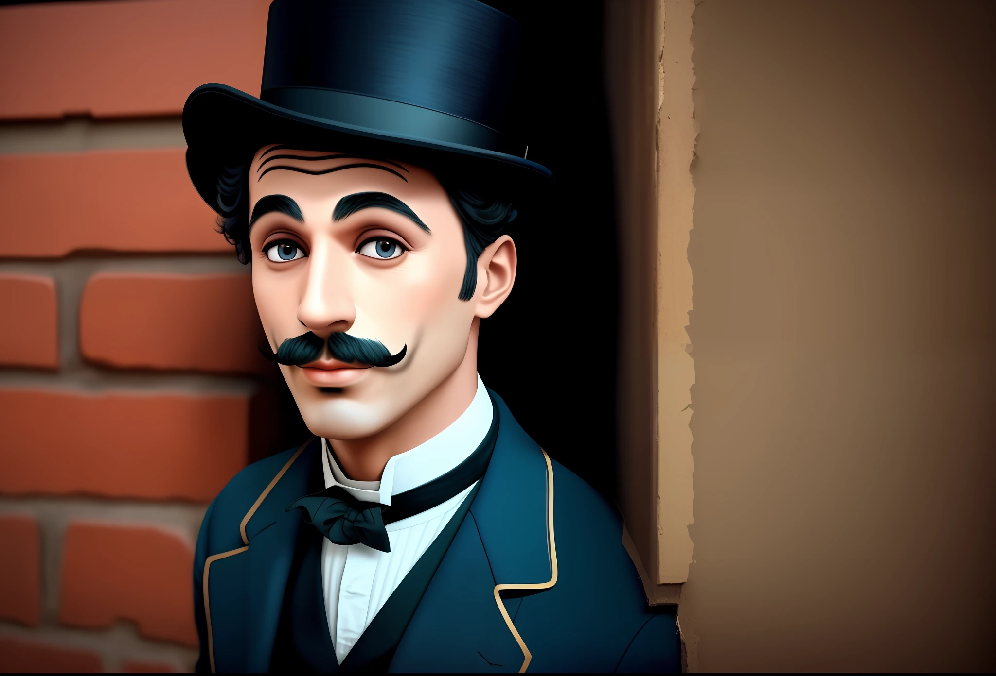 A man with a mustache and top hat leaning against a wall, a stunned Charlie Chaplin watches in the distance, colorful, 8k