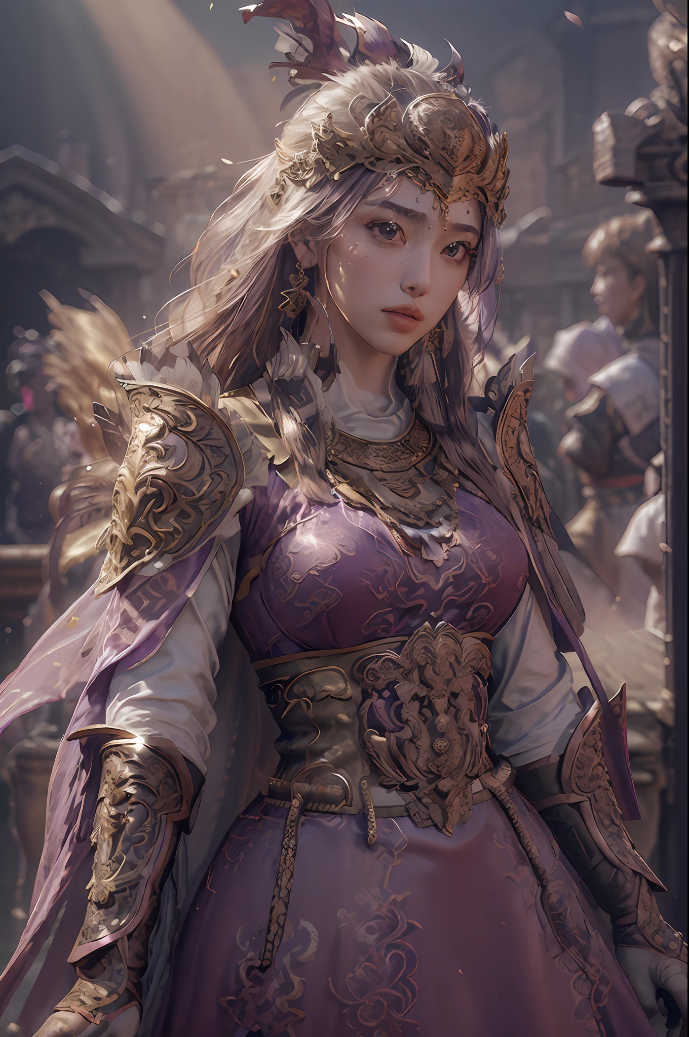 ((masterpiece))), (((best quality))), ((ultra-detailed)), (hyperrealistic), (highly detailed CG illustration), cinematic light, photorealistic ,extremely beautiful young lady, (beautiful face and lips), light makeup, big breast,  intricate purple eaba, purple cape, spear, trending on artstation.