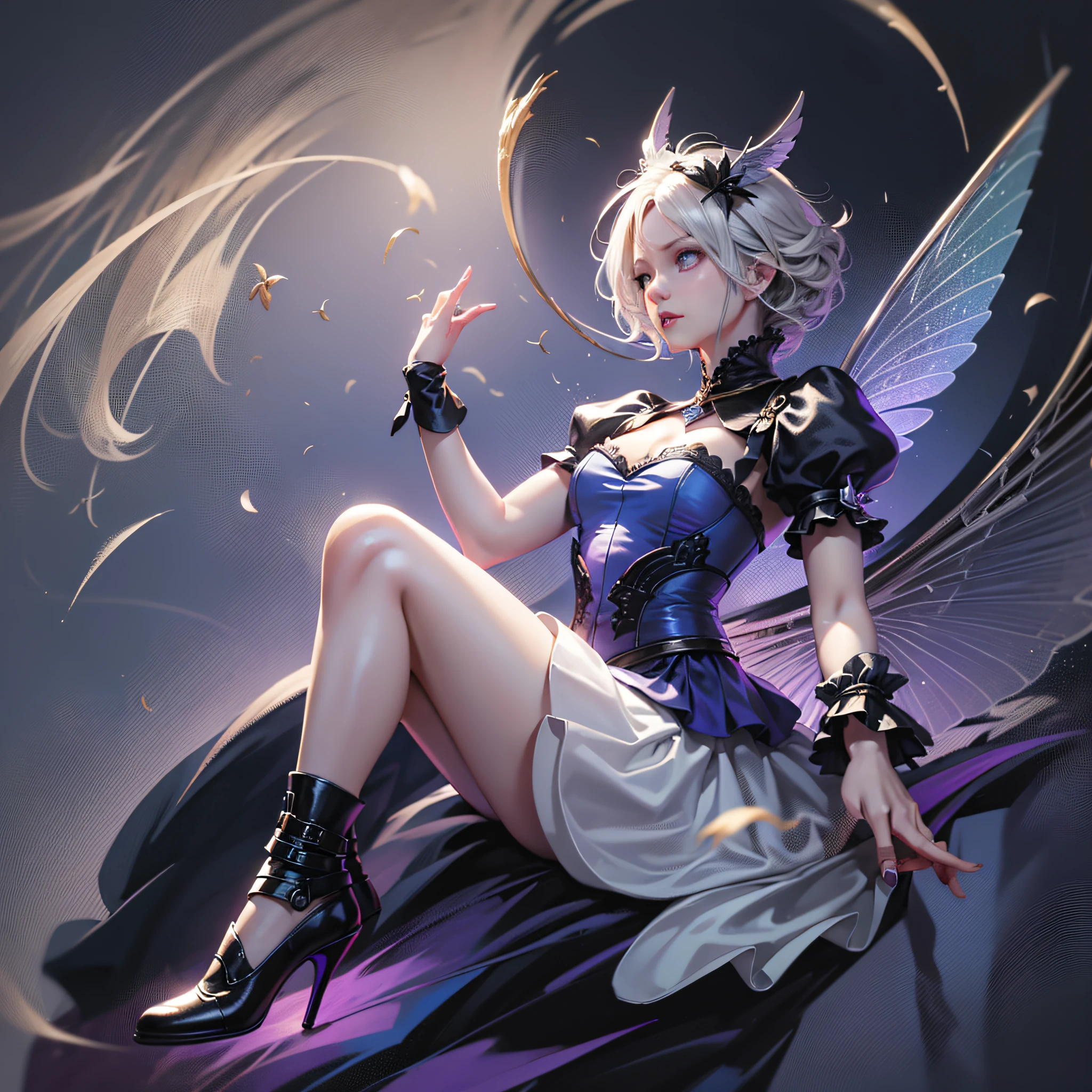 dark Fairy, White short hair, Celestial white clothe, black heels, fairy wings, floating, purple background with a moon