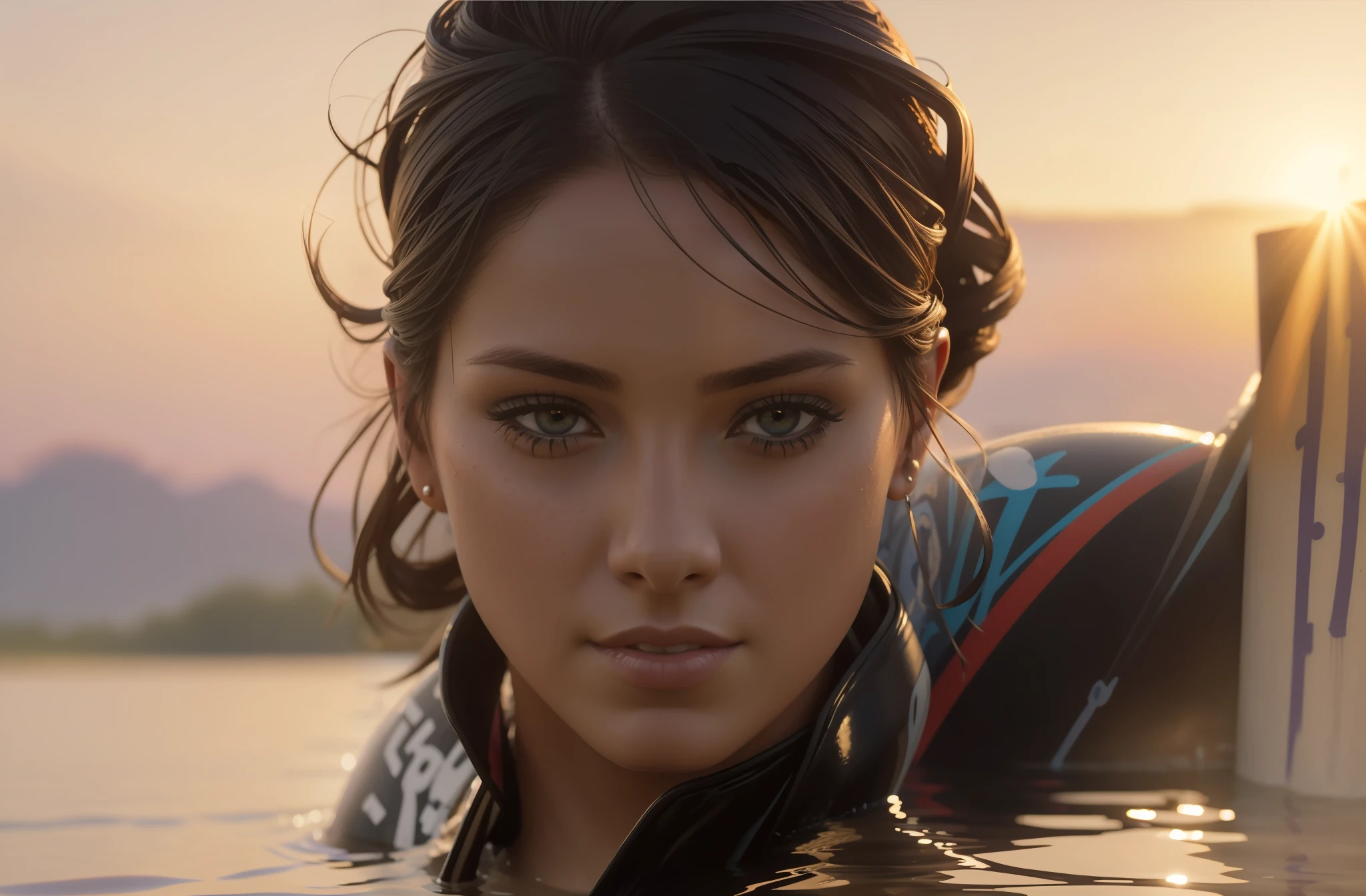 A closeup of a woman in a graffiti wetsuit close-up portrait of a beautiful woman (gldot) bathing in a river, reeds, (backlight), realistic, masterpiece, high quality, lens reflection, shadow, flower, [[chromatic aberration]], by Jeremy Lipking, by Antonio J. Manzanedo, digital painting,