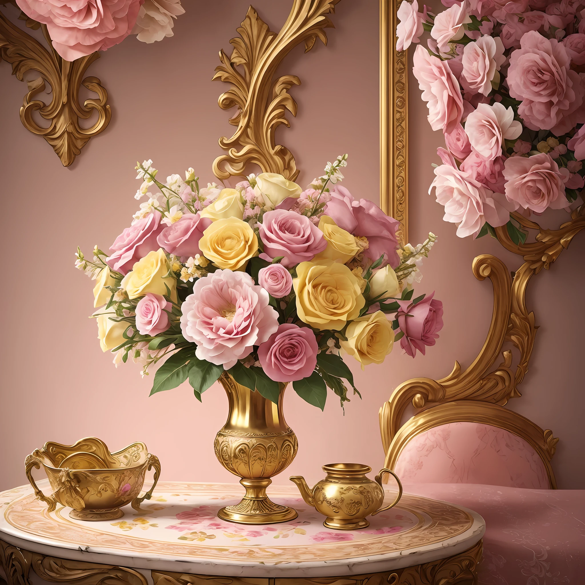 (Floral Art Association + Baroque), (pink + yellow) vase on the table, flowers, meticulous, dreamy, Baroque elements, neon light, extreme. --auto --s2