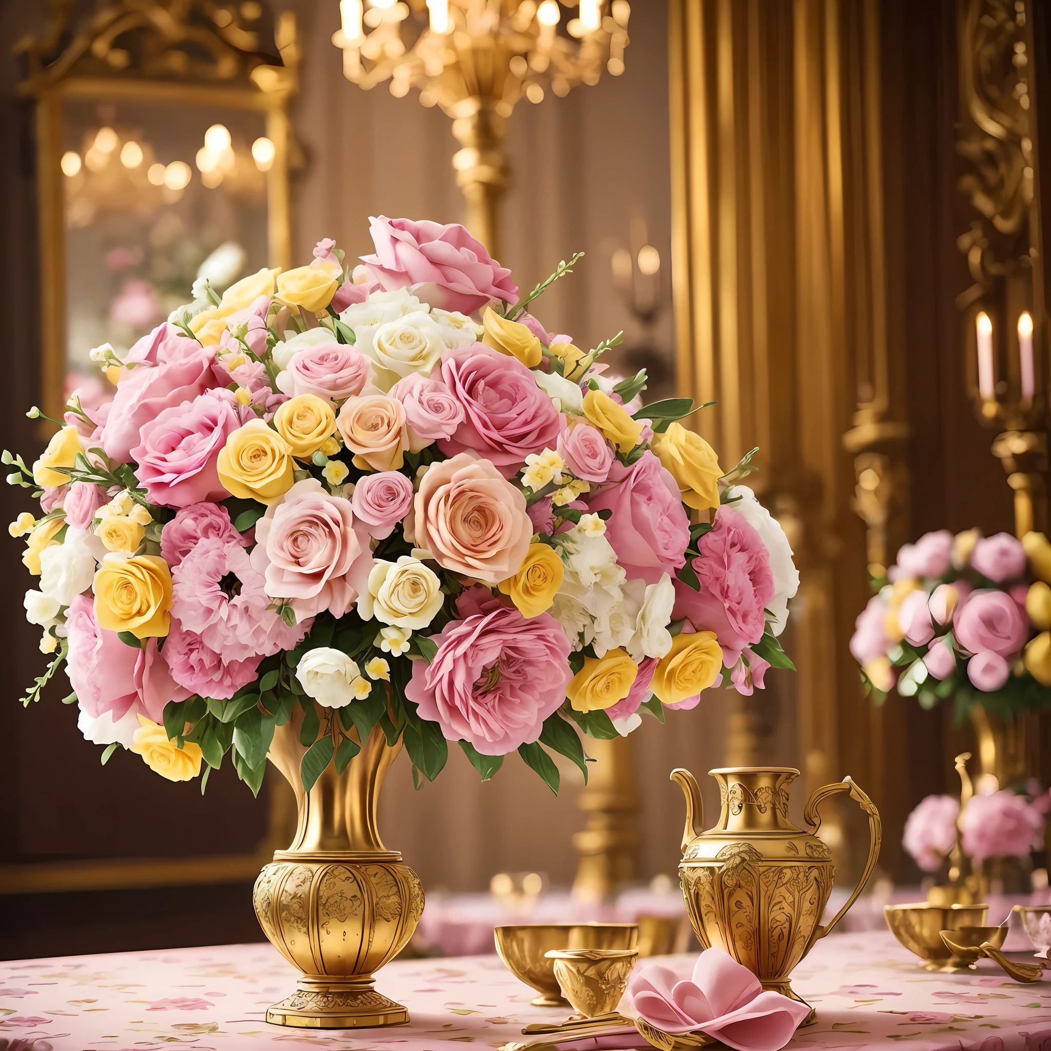 (Floral Art Association + Baroque), (pink + yellow) vase on the table, flowers, meticulous, dreamy, Baroque elements, neon light, extreme. --auto --s2
