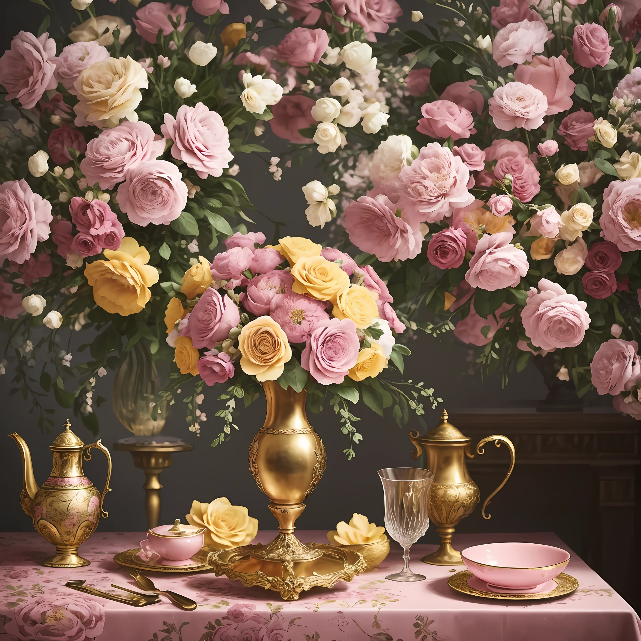 (Floral Art Association + Baroque), (pink + yellow) vase on the table, flowers, meticulous, dreamy, Baroque elements, neon light, extreme. --auto --s2