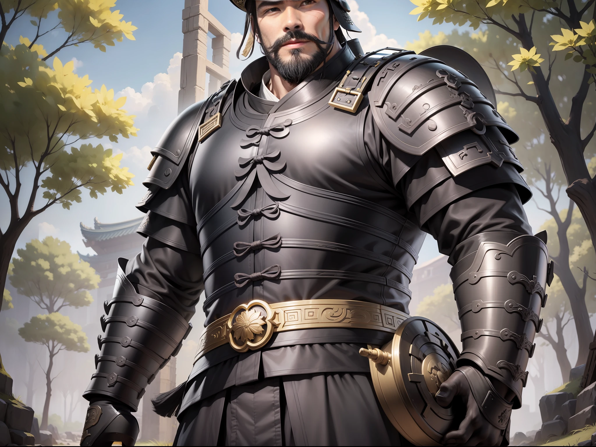 Ultra HD, ultimate masterpiece, high detail depiction, best picture quality, 8k, 2D anime style, Chinese Han Dynasty, a man, ancient Chinese general Dian Wei, mature man, 30 years old, super detailed face, round face, black eyes, big beard, resolute eyes, wearing a black helmet, wearing black armor, a yellow belt at the waist, height 2 meters, burly body, muscular, black leather boots, standing on the grass, summer, sunny, daytime, sunny, all over.