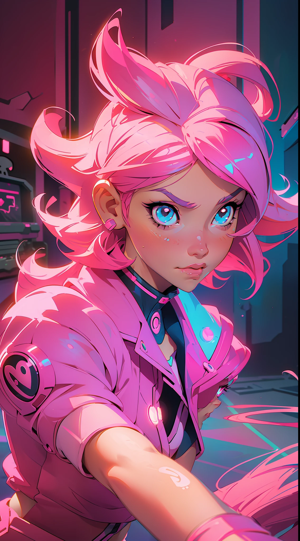 (cute anime girl),synthwave aesthetic,(((retro arcade setting))),dynamic pose, shiny clothing,hot pink lips,(pink hair:1.3+neon glow:1.3)