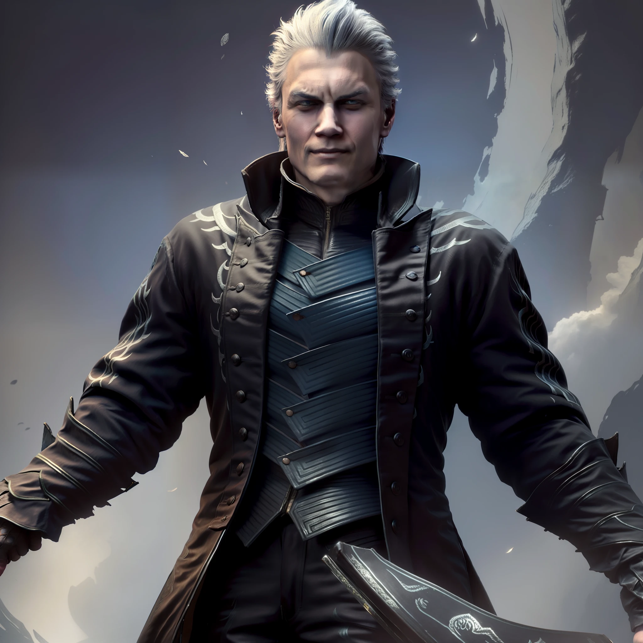 1 man, Vergil, white hair combed back, Katana in right hand, serious look more amused, arrogant smile, view from below, wallpaper 46 anos