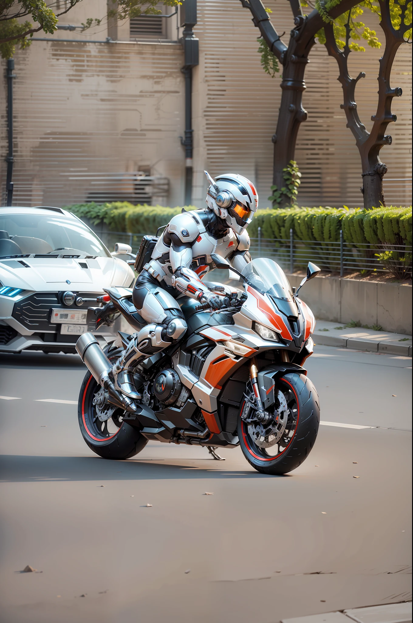 Cyber Man Warrior and Cyber Mechanical Motorcycle, Nousr, Biomechanics, MSHN Robot Man, high-tech helmet, surreal, steel, intricate design, crazy details, fine details, extremely clear lines, cinematic lighting, photo realistic, detailed masterpiece