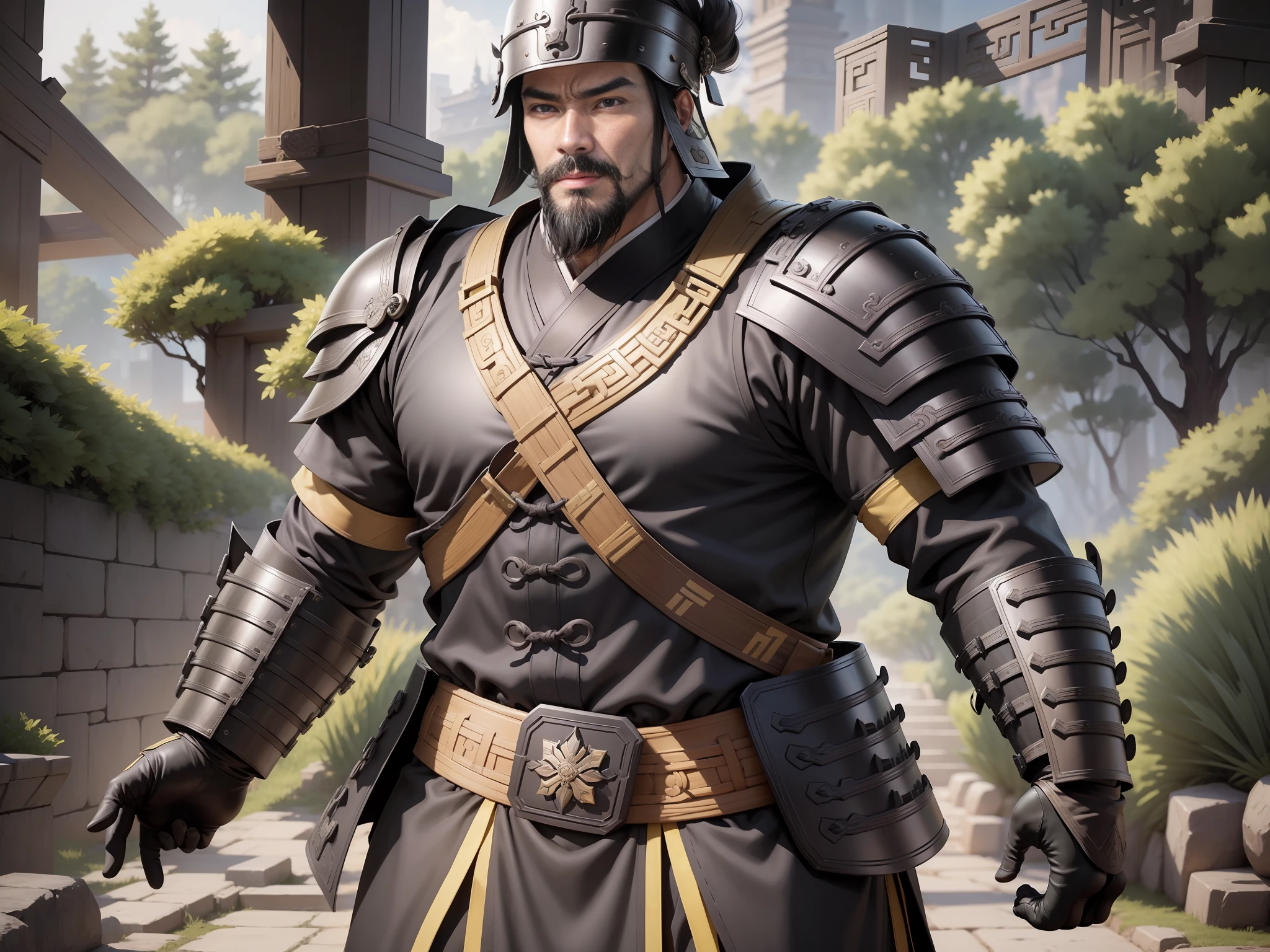 Ultra HD, ultimate masterpiece, high detail depiction, best picture quality, 8k, 2D anime style, Chinese Han Dynasty, a man, ancient Chinese general Dian Wei, mature man, 30 years old, super detailed face, round face, black eyes, big beard, resolute eyes, wearing a black helmet, wearing black armor, a yellow belt at the waist, height 2 meters, burly body, muscular, black leather boots, standing on the grass, summer, sunny, daytime, sunny, all over.