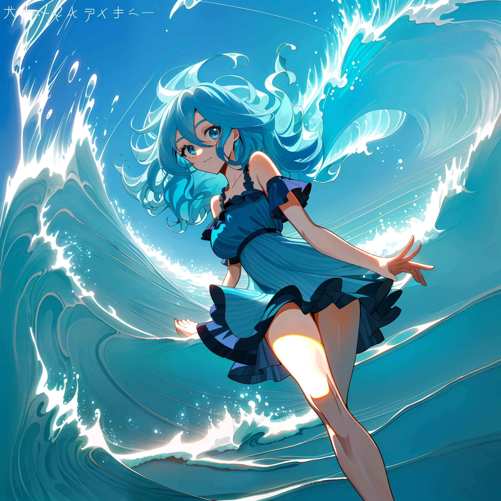 (mar look:1.2),(sexy:1.1),(voluminous thighs:1.2),(blue eyes),(hair like sea waves:1.3),(blue hair:1.2),(ocean dress),(embedding: sexy, blue hair, ocean)