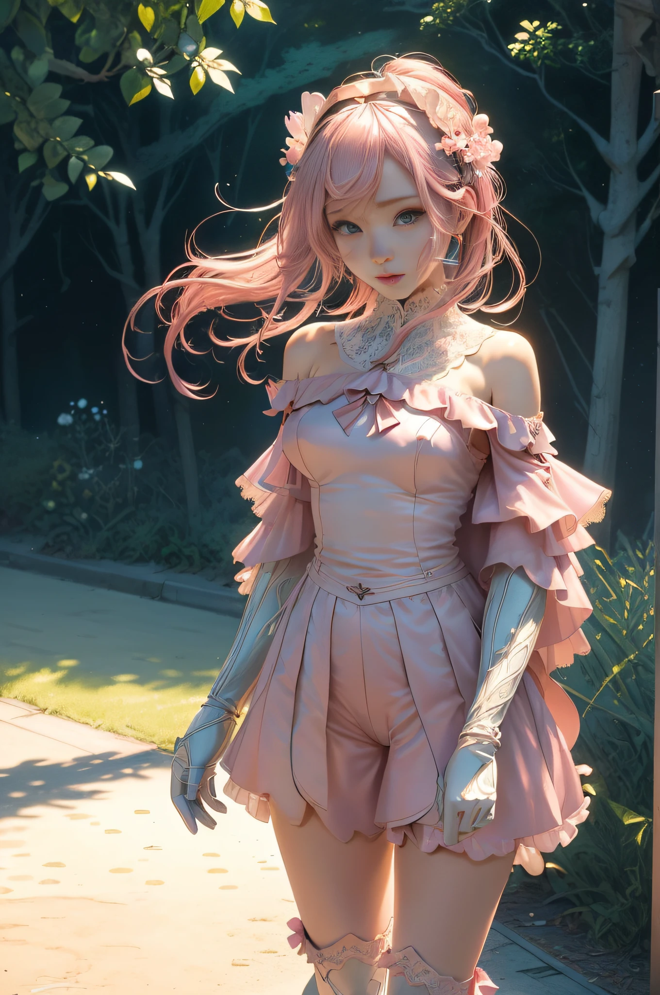 [Detailed illustrations, art based on extremely ideal anatomy, very detailed and detailed drawings, delicate lines with slow and urgent, realistic texture expression],(((Color tressed main lines)),(Artwork with outstanding craftsmanship),(Park background),[HENTAI anime Girl Japanese Pretty 14 years old Skinny] Light pink hair ((Magical girl)),((桜花) Floral headband) Low-rise shorts (Short cape (Off-shoulder: 0.5)) ((Lace ruffled ribbon)) (Lace ruffled boots: 0.4),((Silk fabric:0.4)),Transparency (Soft ambient light:0.6) Gravure,((Fine and beautiful skin expression (transparency)))),(Clear gaze)),(Perfect eye details ( Beautifully drawn eyes))),(Beautiful perfect face (realistic face details)),((Beautiful hair details)),(Perfectly proportioned proportions)),(Design built to a high level,((Advanced structural understanding of materials)),Ideal color coordination),((Artistic decoration)) ((Dense details)),((Detail,High definition)),[( Ultra-precise detail),((Multi-layered texture)),HighQuality,High Resolution],((Accurate simulation of light-material interactions, understanding of air flow, mechanically correct representation)),(((Visual art with a sense of narrative)).