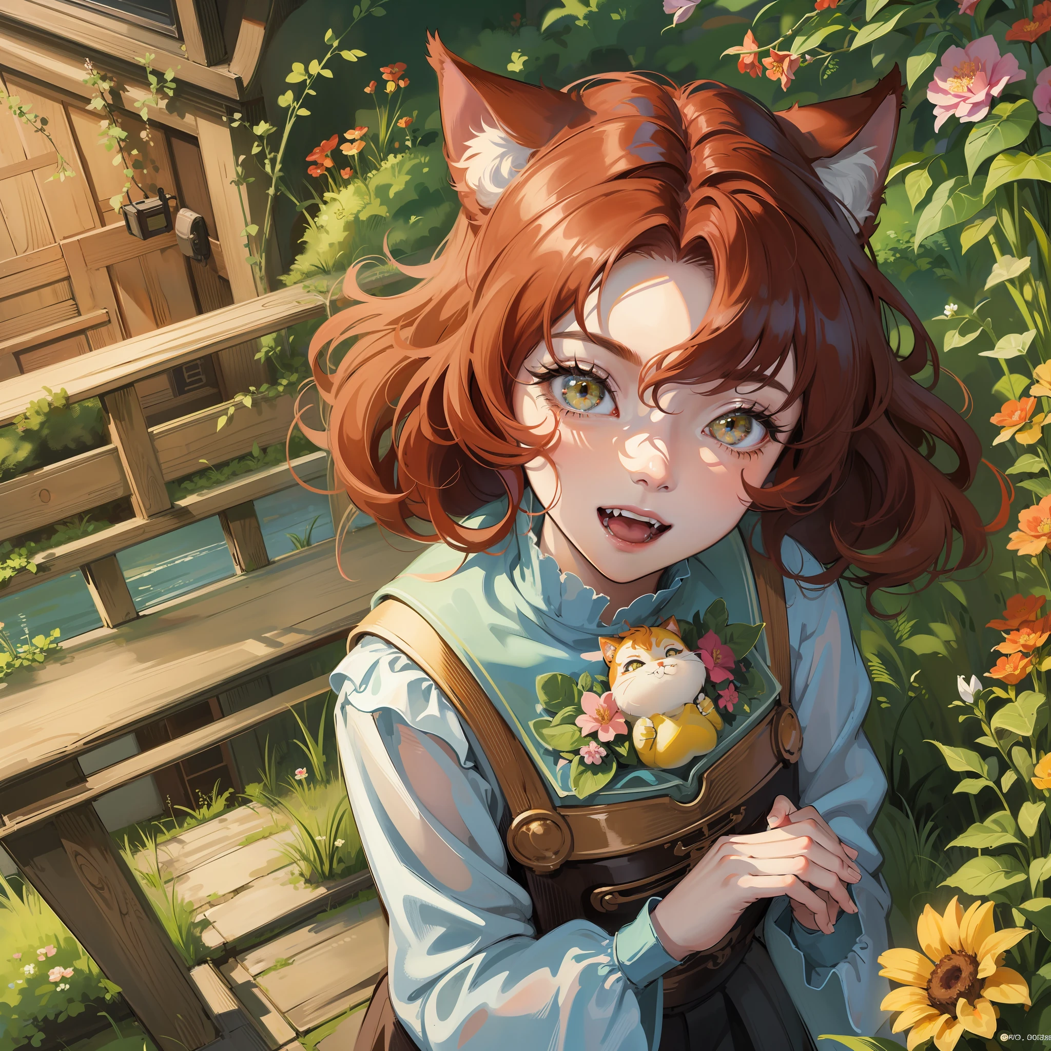 Ghibli-like colours, bloom, backlighting, blending, optical illusion, from above, masterpiece, high quality, 1080p, medium portrait of a cart woman, anime style, with curly red hair, cat ears, with a vintage dress, yellow cat eyes, mouth open in a big smile, fangs showing, heavy makeup