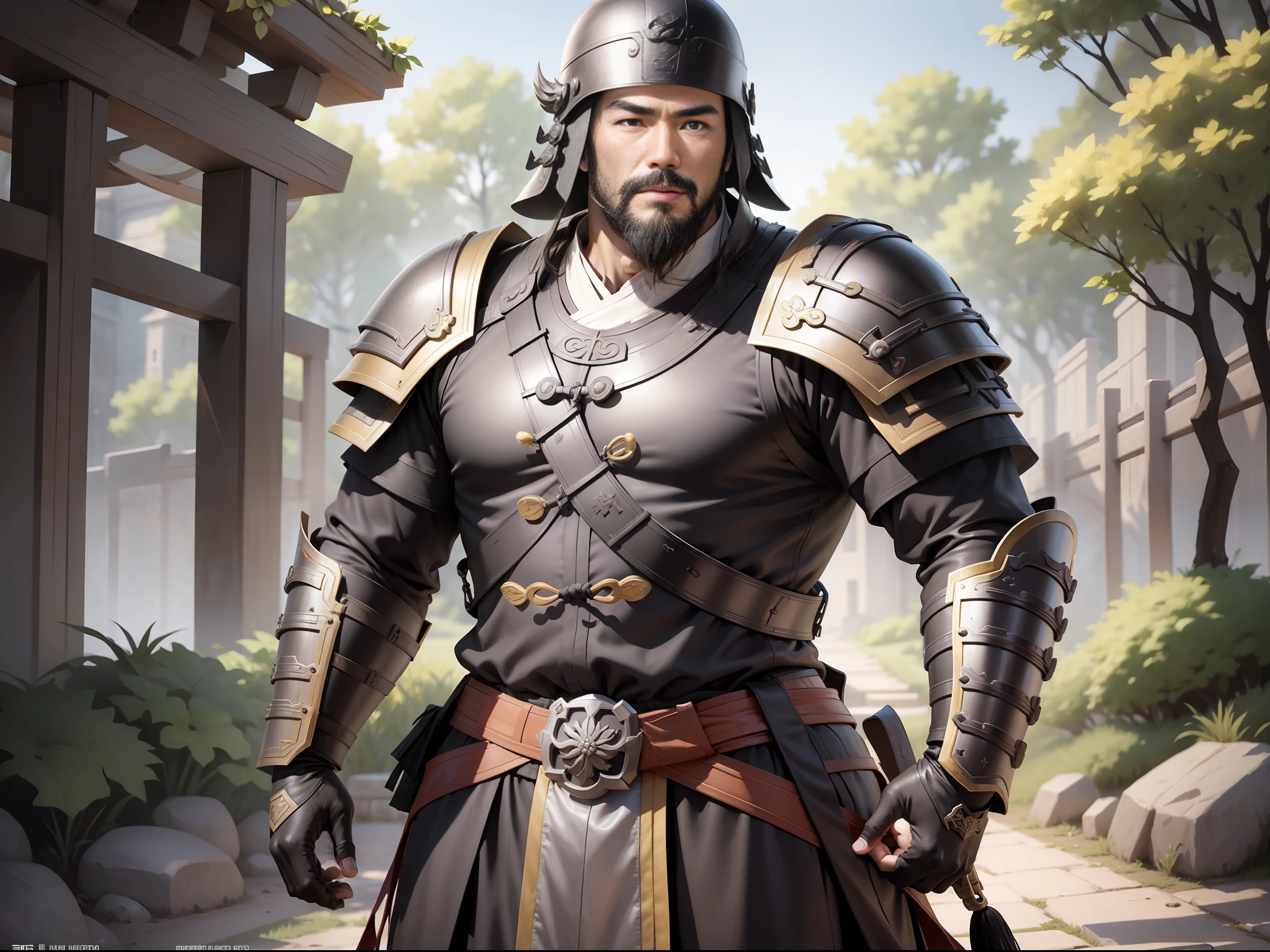 Ultra HD, ultimate masterpiece, high detail depiction, best picture quality, 8k, 2D anime style, Chinese Han Dynasty, a man, ancient Chinese general Dian Wei, mature man, 30 years old, super detailed face, round face, black eyes, big beard, resolute eyes, wearing a black helmet, wearing black armor, a yellow belt at the waist, height 2 meters, burly body, muscular, black leather boots, standing on the grass, summer, sunny, daytime, sunny, all over.