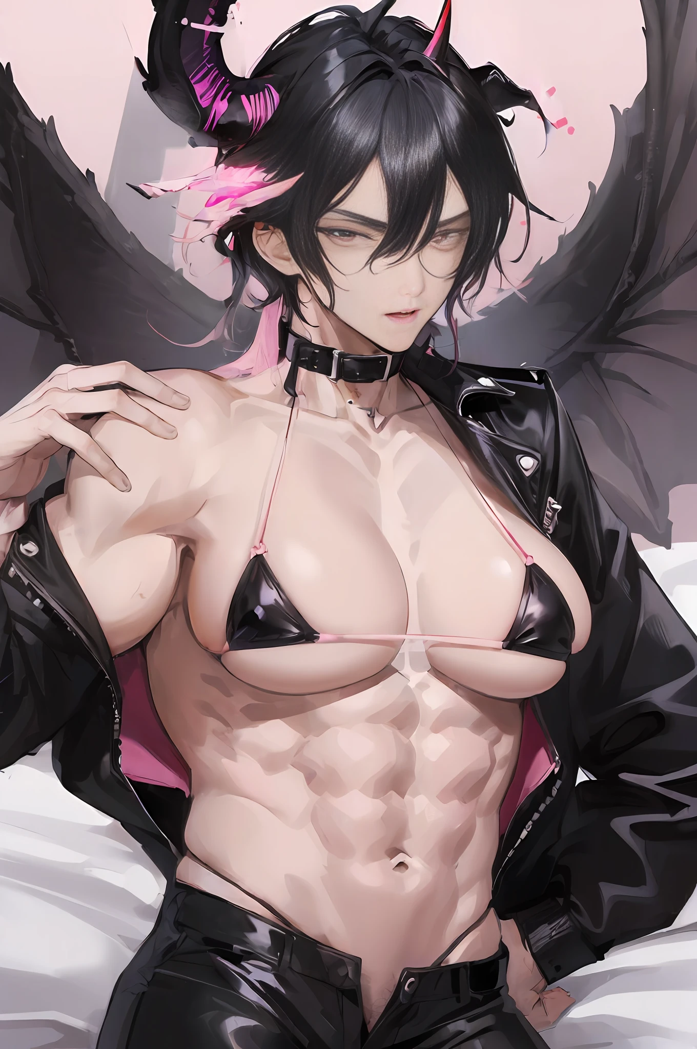 (((((male)))), black hair, (doragon horn), collar, pink eyes