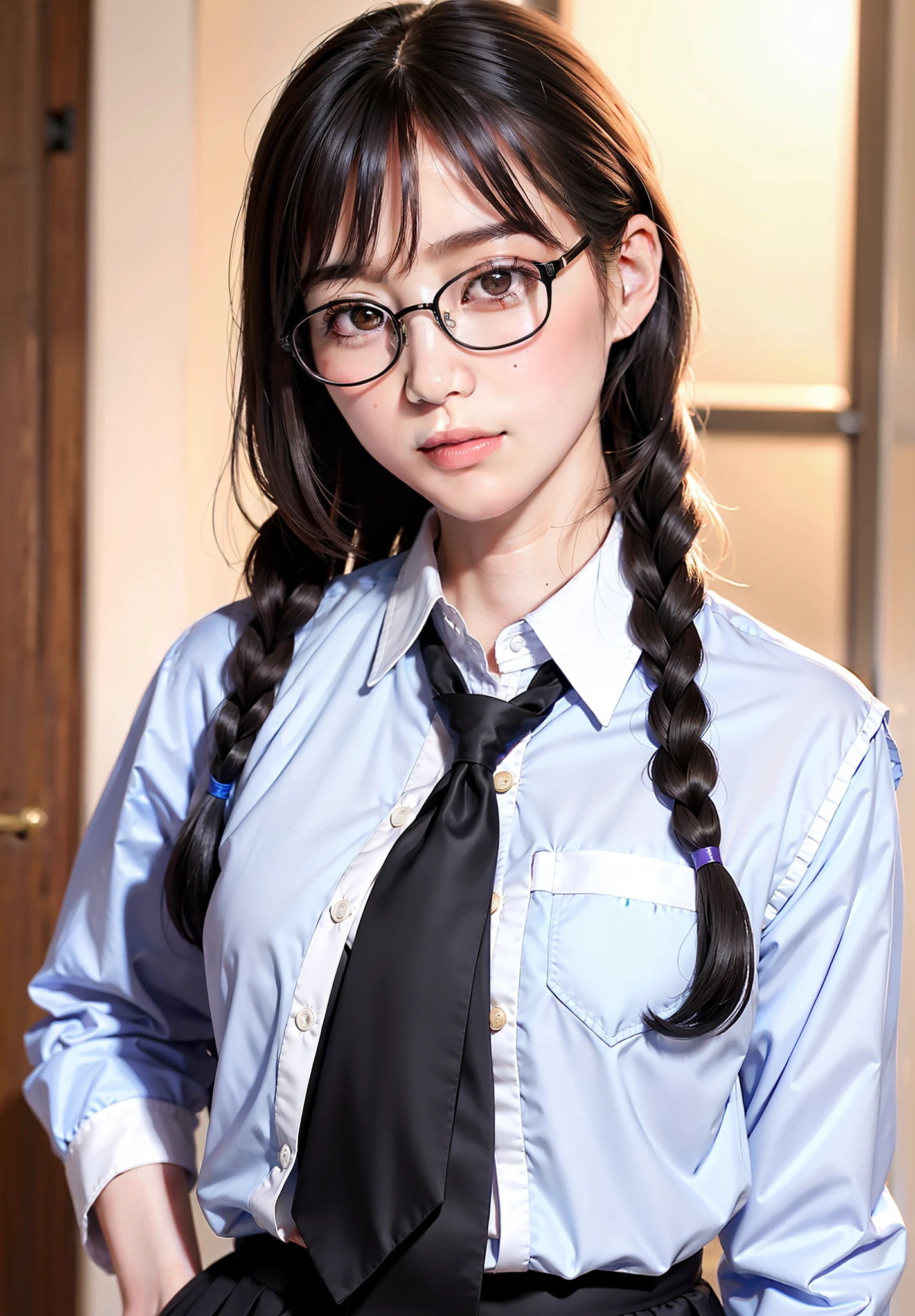 Masterpiece, Best Picture Quality, High Quality, Beautiful, Japanese, Japanese School Girl, Popular Korean Makeup, Detailed, Puffy Eyes, Ultra High Resolution, (Reality: 1.4), Very Beautiful, Slightly Young Face, Beautiful Skin, Slender, (Ultra Realistic), (Illustration), (High Resolution), (8K), (Very Detailed), (Best Illustration), (beautifully detailed eyes), (super detailed), (wallpaper), (detailed face), looking at viewer, fine detail, detailed face, pureerosfaceace_v1, smiling, 46 point slanted bangs, looking straight ahead, wearing glasses, schoolgirl uniform, light purple uniform, ribbon type tie, black hair, long hair, hairstyle in braids,
