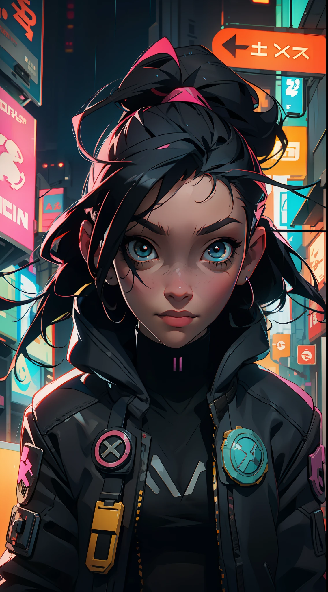 cyberpunk girl, cyberpunk street, rain, long shot, interlaced