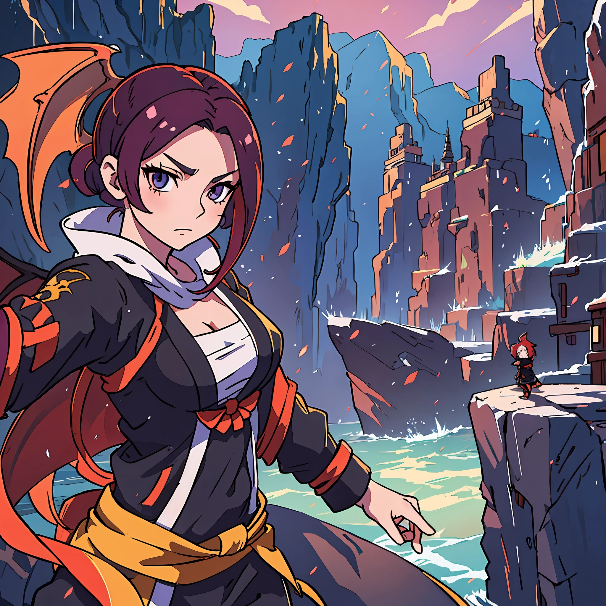 (anime mode), dragon wings and horns and tail, kunoichi, battle pose
