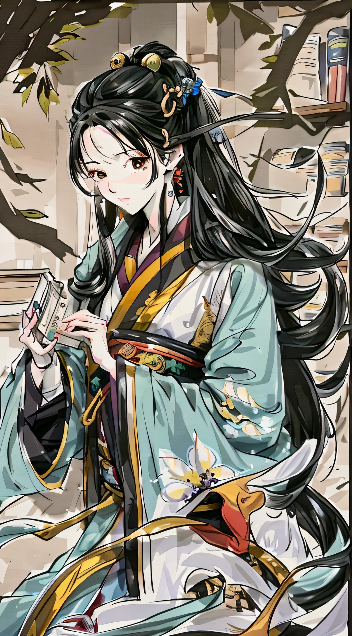 Anime character, holding a book in his hand, background bookshelf, ancient Chinese robe, long black hair, delicate face