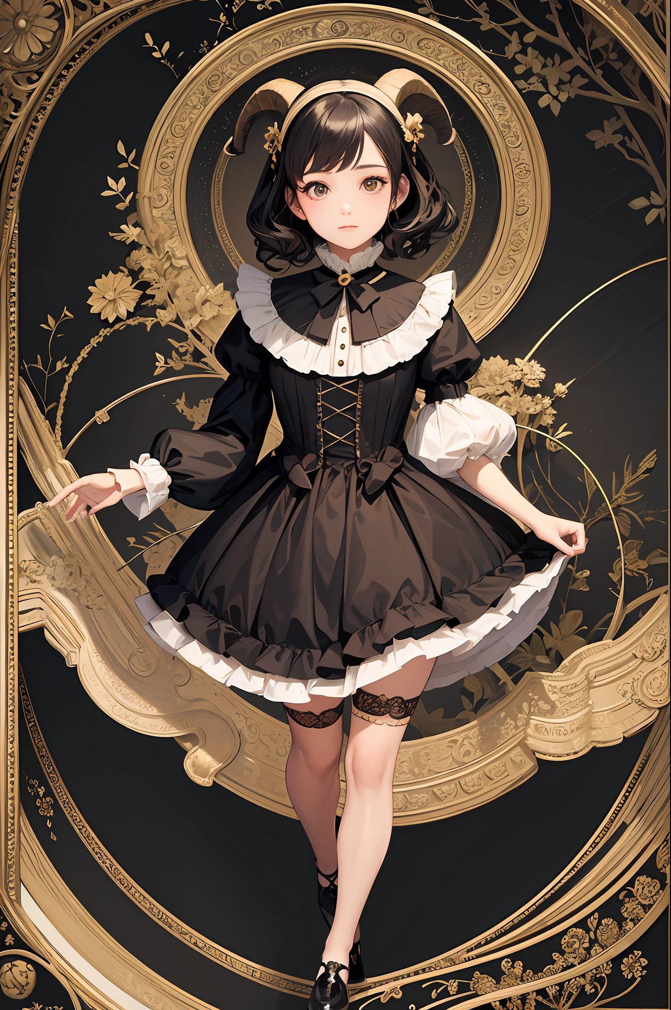 (Masterpiece, Top Quality, Best Quality, Official Art, Beauty and Aesthetics: 1.2), A lovely young girl with Victorian hair, a pair of goat horns with bell decoration, beautiful innocent eyes, wearing a rococo dress and black stockings, full body photo, extremely detailed, (fractal art: 1.3), colorful, most detailed