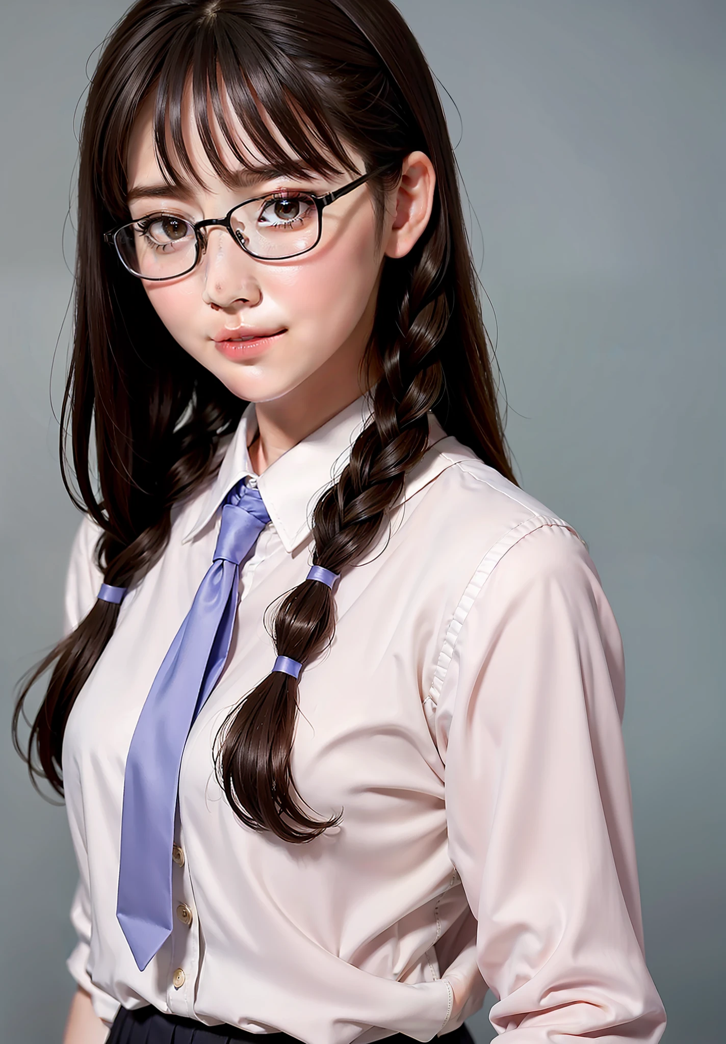 Masterpiece, Best Picture Quality, High Quality, Beautiful, Japanese, Japanese School Girl, Popular Korean Makeup, Detailed, Puffy Eyes, Ultra High Resolution, (Reality: 1.4), Very Beautiful, Slightly Young Face, Beautiful Skin, Slender, (Ultra Realistic), (Illustration), (High Resolution), (8K), (Very Detailed), (Best Illustration), (beautifully detailed eyes), (super detailed), (wallpaper), (detailed face), looking at viewer, fine detail, detailed face, pureerosfaceace_v1, smiling, 46 point slanted bangs, looking straight ahead, wearing glasses, schoolgirl uniform, light purple uniform, ribbon type tie, black hair, long hair, hairstyle in braids,