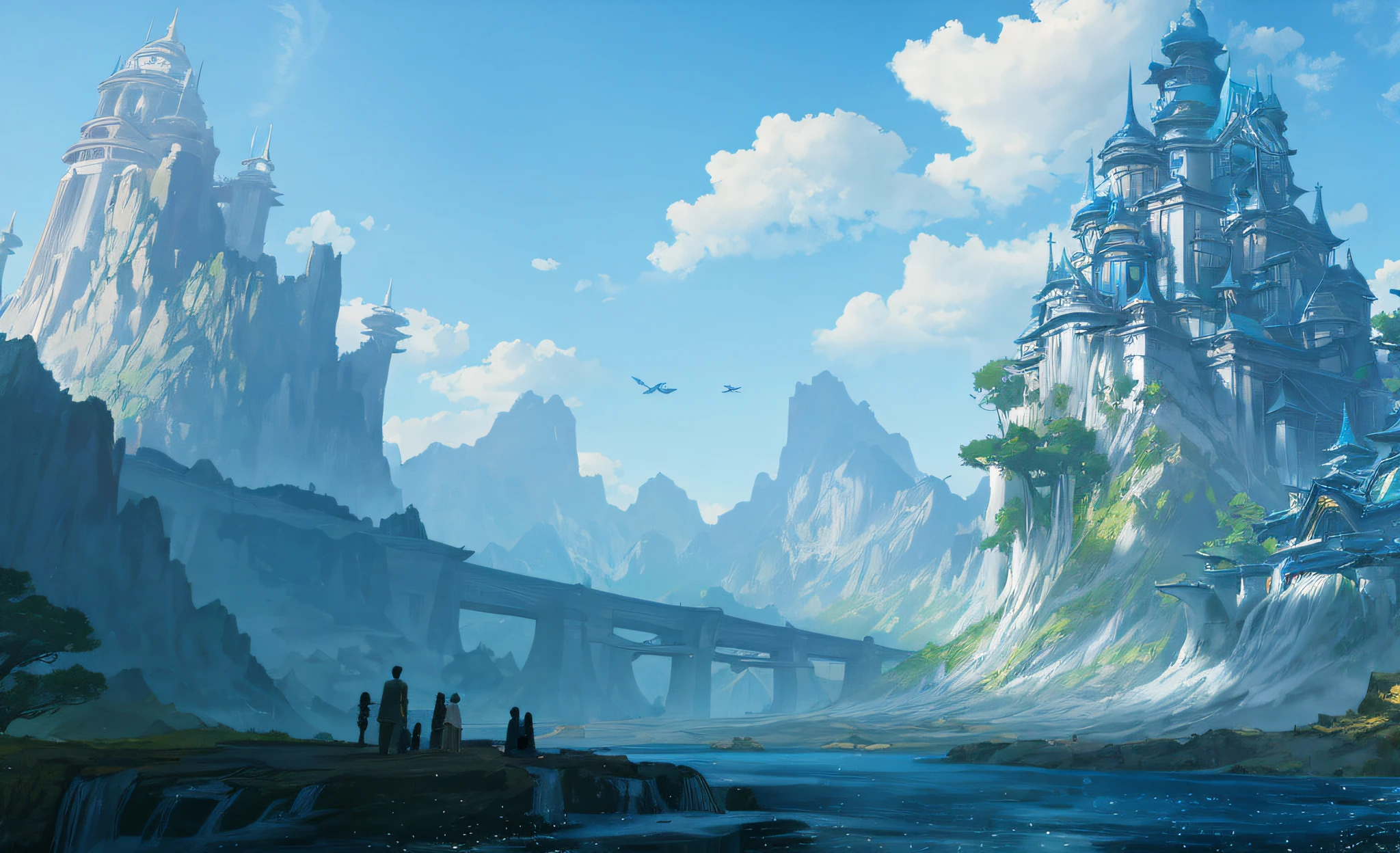 ConceptArt, nobody, landscape, water, sky, day, tree, cloud, waterfall, outdoors, architecture, nature, river, blue sky